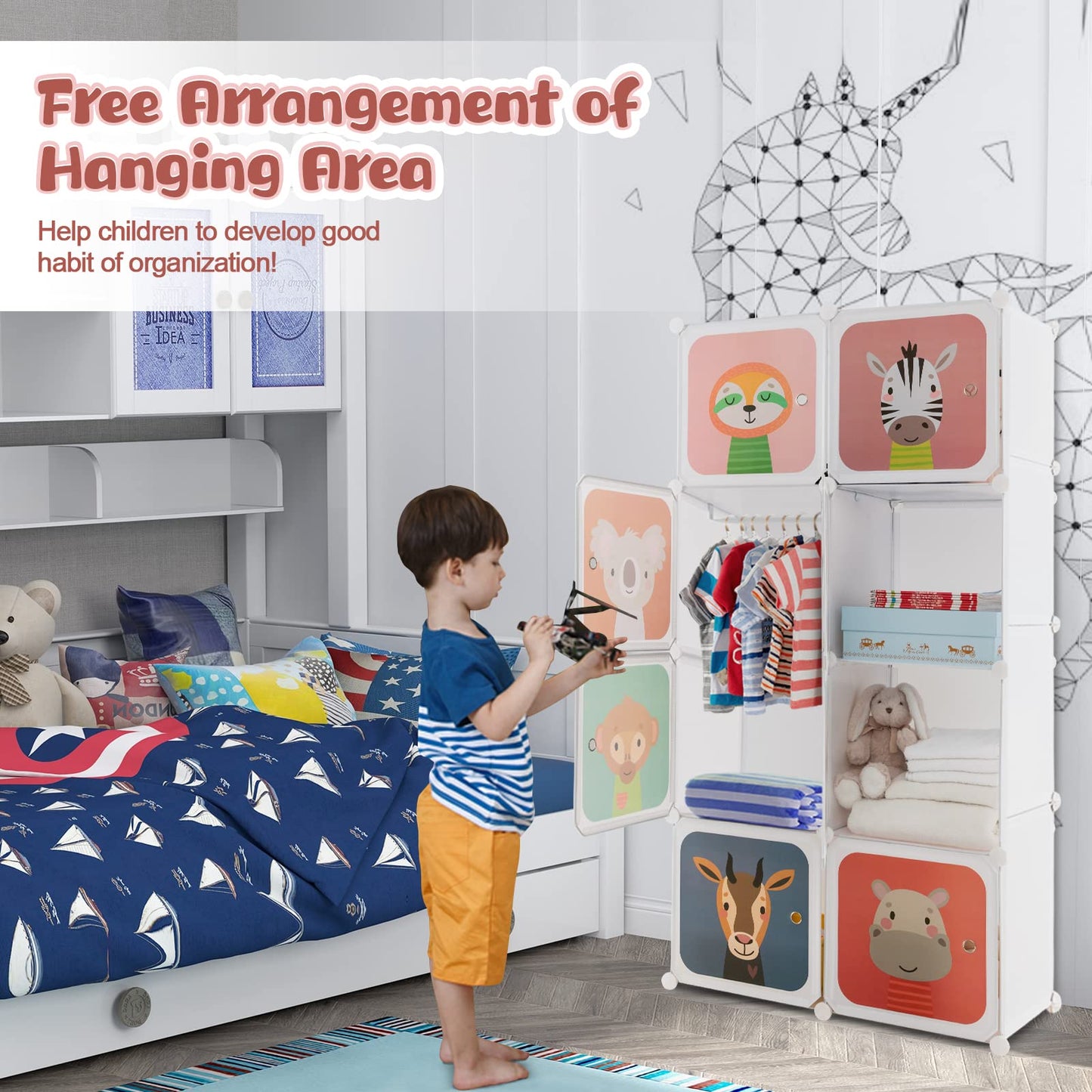 Costzon Kids Closet, Cartoon DIY Modular Dresser Storage Organizer with 8 Cubes & Clothes Hanging Rack, Portable Armoire for Baby Toddlers, Kids Wardrobe for Bedroom Nursery, White