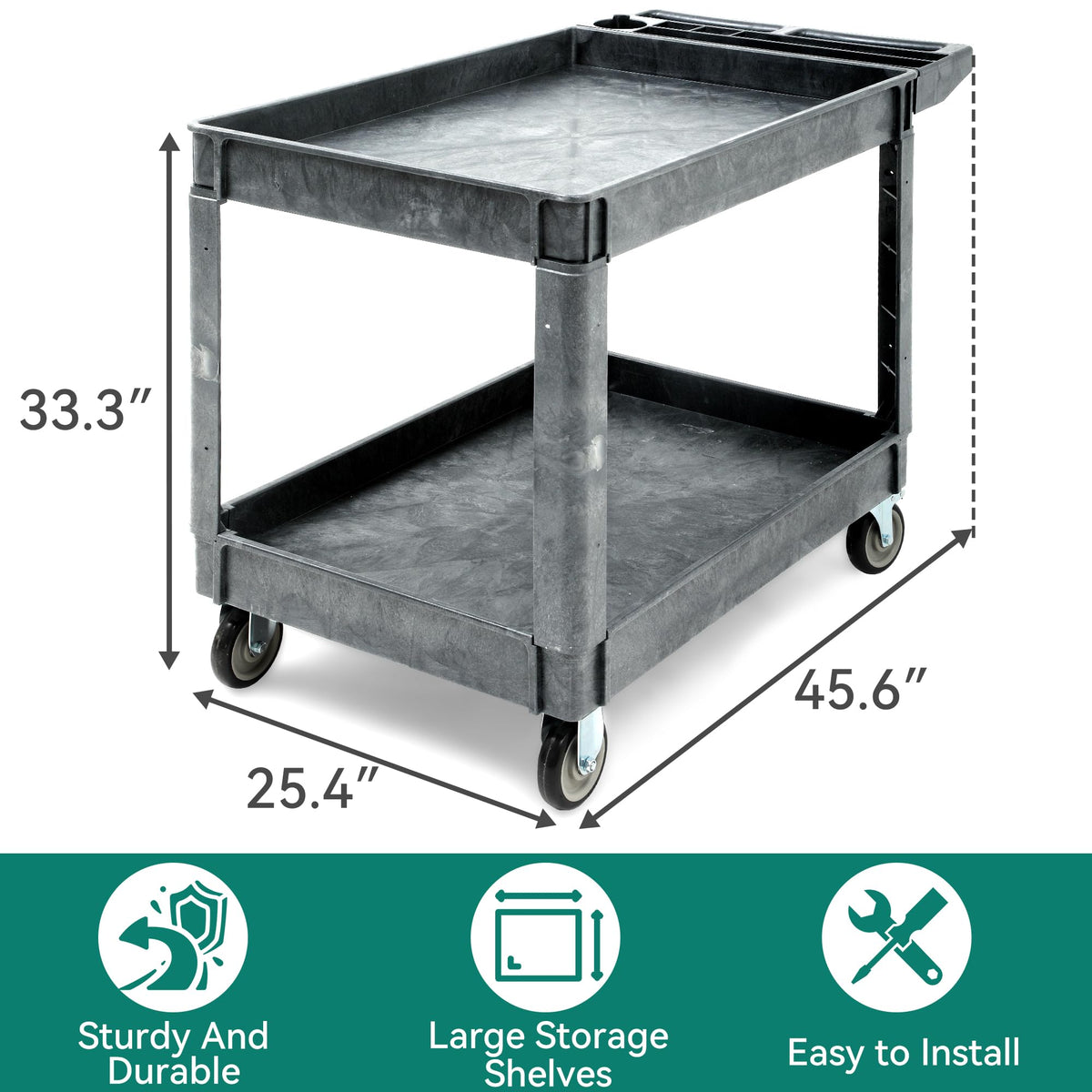 YITAHOME 2 Tier Heavy Duty Plastic Utility Cart 45 x 25 Inch, Rolling Work Cart w/Deep Shelves & 360° Swivel Wheels(2 Brake), Plastic Tool Cart Suitable for Warehouse, Garage, Office, Cleaning, Gray