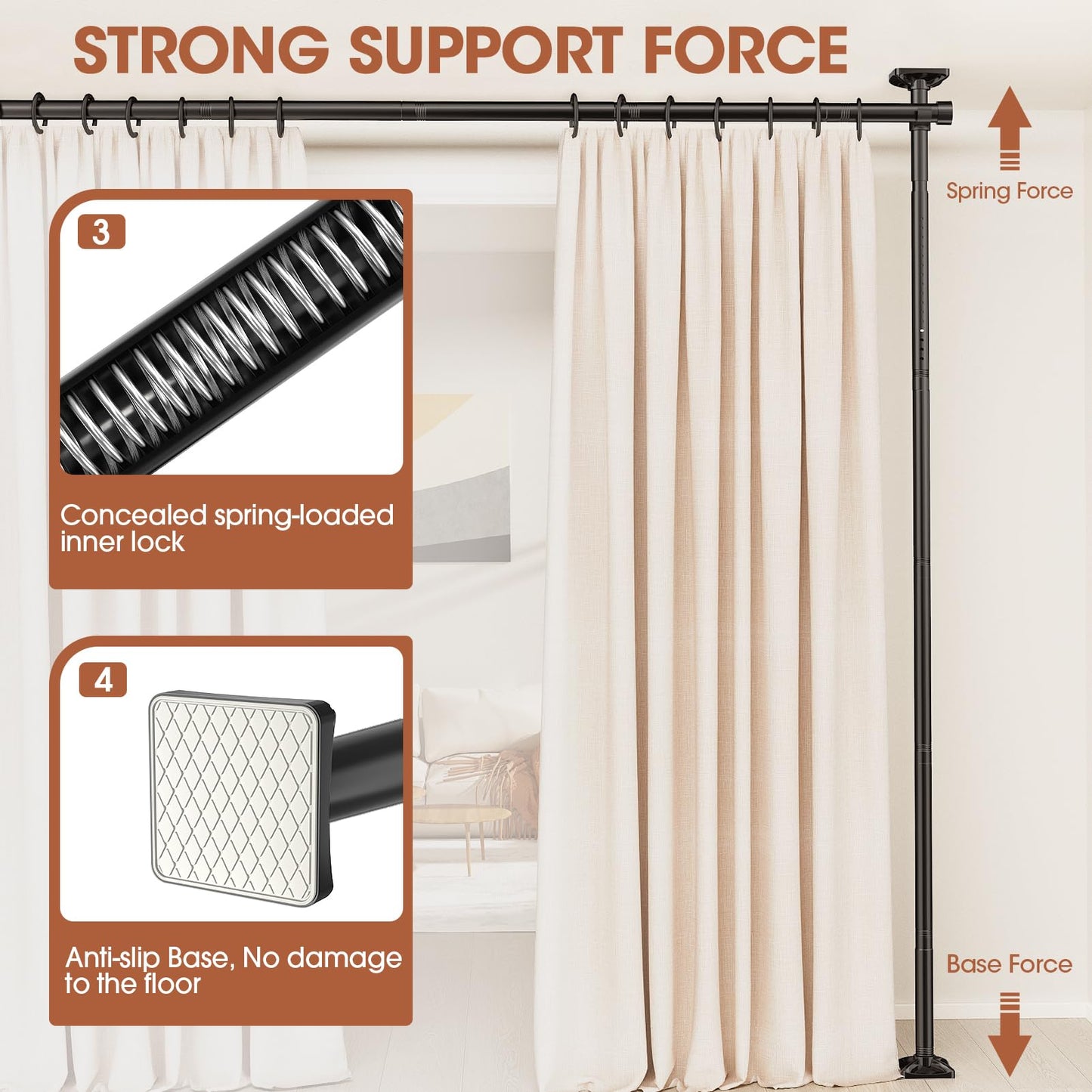 SUNALLY Room Divider No Drilling Curtain Rod Wall Divider for Room Separation, 4-10ft(H) 28-114inch(W) Adjustable, Heavy Duty Partition Space Separator Freestanding Tension Curtain Stand, Black