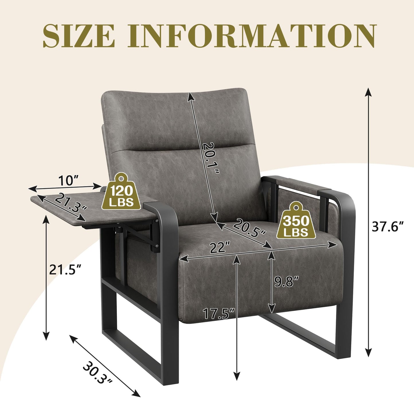 Apeaka PU Leather Accent Chair, Modern Armchair with Foldable Table Upholstered Side Chairs for Living Room Bedroom Office Chair Grey