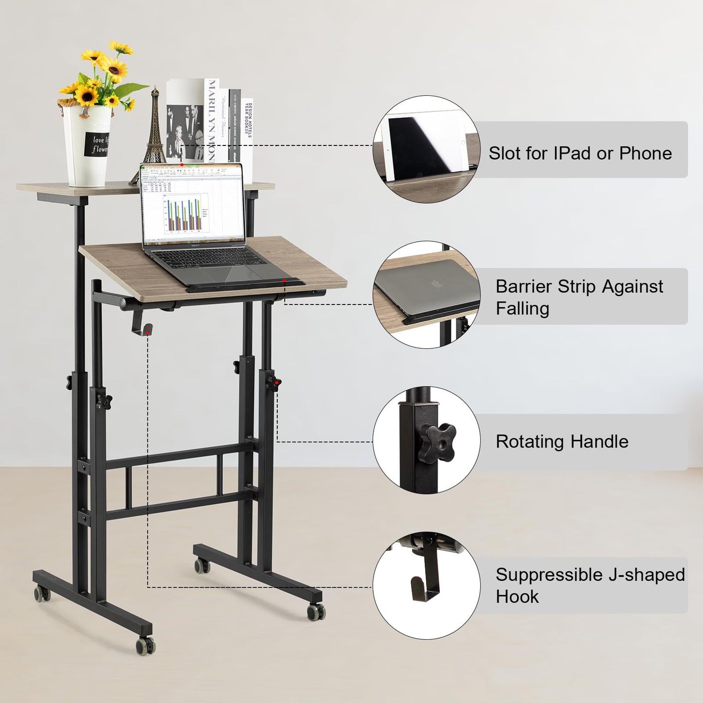 Hadulcet Mobile Standing Desk with Charging Station, Adjustable Standing Computer Desk, Standing Adjustable Laptop Cart with Wheels for Home Office Classroom Light Grey