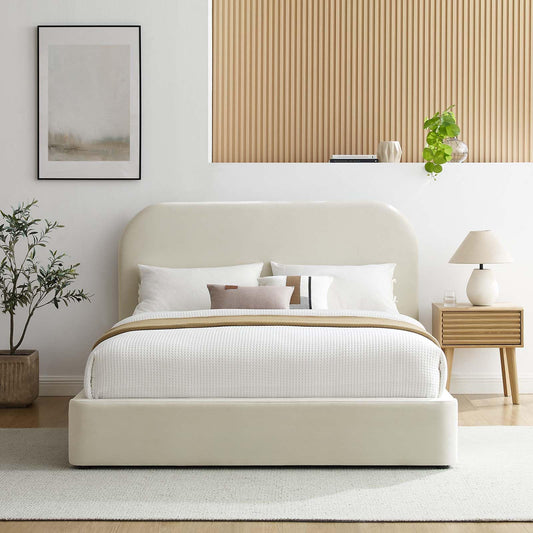 Modway Keynote Modern Queen Bed Frame with Curve Shaped Headboard in Alabaster, Upholstered in Performance Velvet, Queen Size Platform Bedain-Resistant Velvet Bed, Soft Cloud Bed Frame