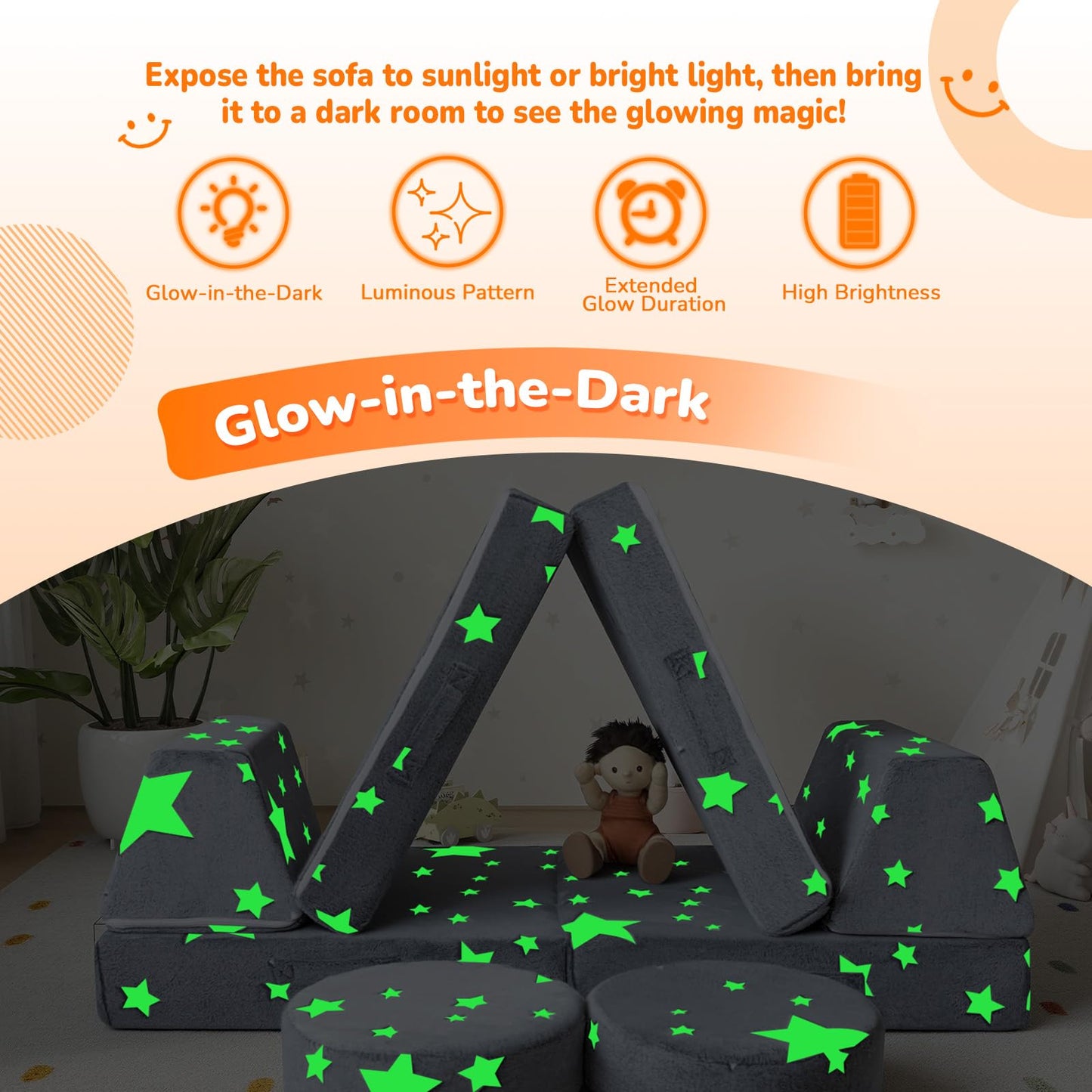 MeMoreCool Kids Couch, Glow in the Dark Star Modular Play Couch, Ages 3+