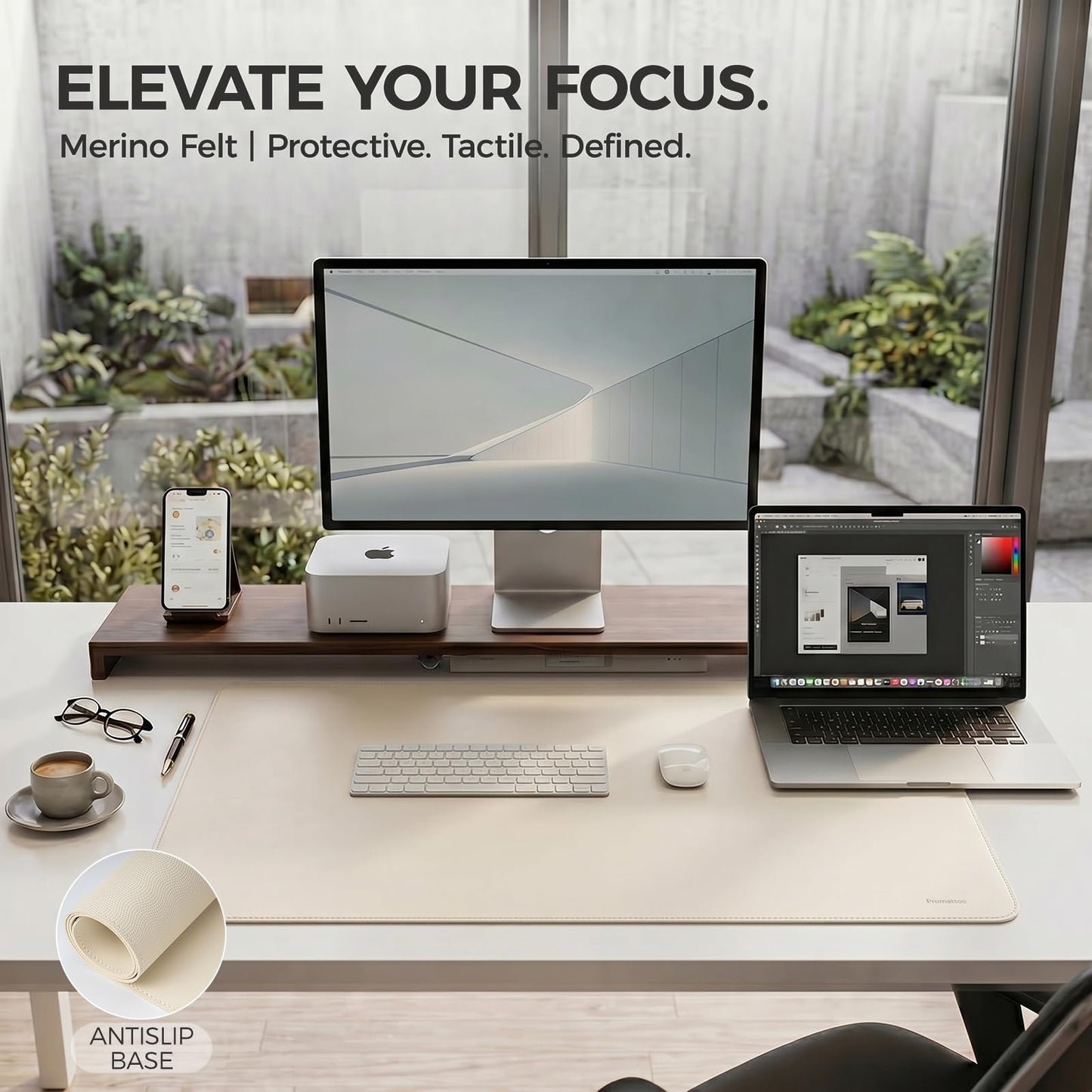 PROMATTOO Large Desk Pad Non-Slip Desk Mat Protector for Keyboard Mouse Waterproof Vegan Leather Surface Faux Leather Laptop Mat Smooth Mouse Pad Premium Gift Tube Creamy White 31.5" x 15.7"