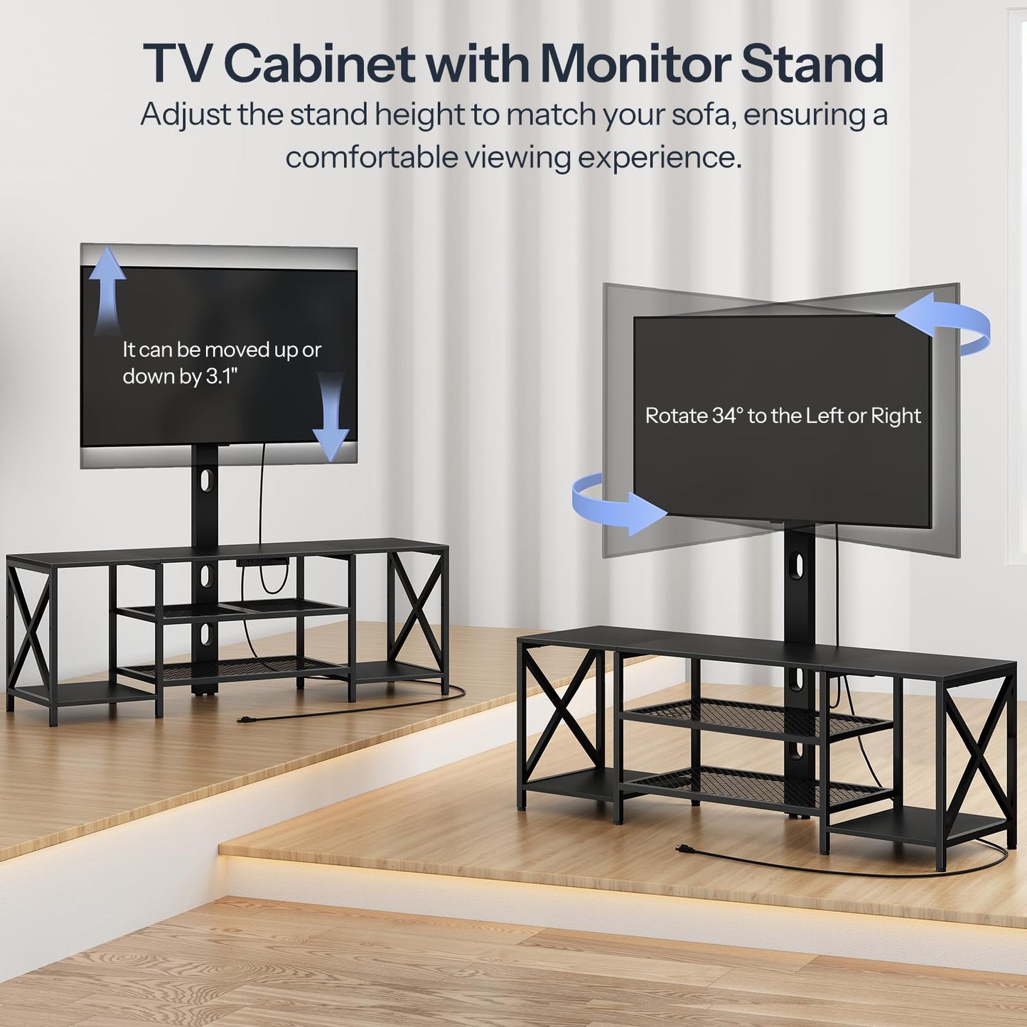 HOOBRO TV Stand with Mount and Power Outlet, LED Entertainment Center with Swivel TV Mount for 32/45/55/60/65/70/75 inch TVs, TV Cabinet with 3-Tier Storage, for Living Room, Bedroom, Black BB46UDDS01