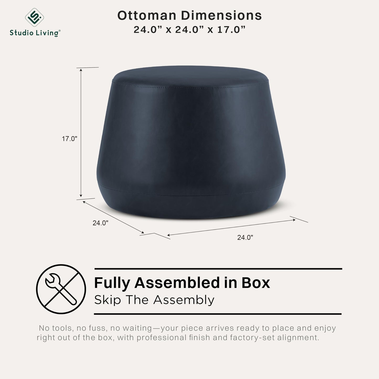 Studio Living® 24” Waverly Ottoman Round Faux Leather Bench, Stationary Ottomans, Backless Chair, Footrest for Living Room, Footstool Office, Bedroom, Padded Seat, Navy Blue