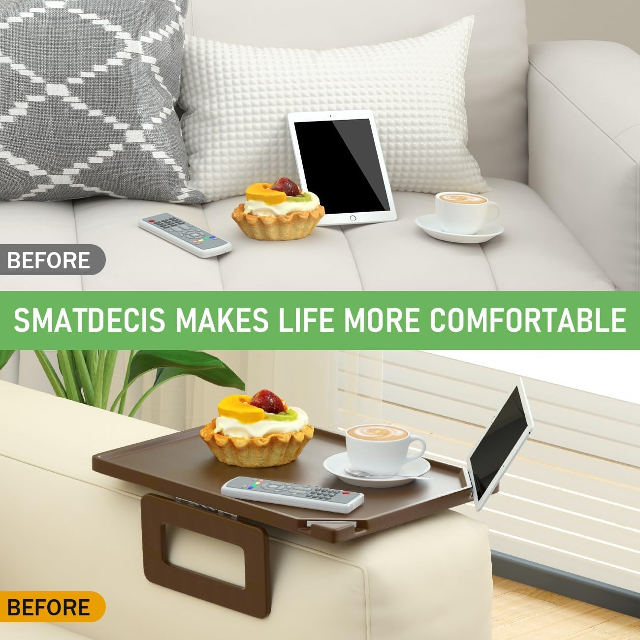 Smatdecis Couch Arm Tray Table Sofa Arm Clip, Armrest Tray Table Suitable for Home Drinks/Fast Food/Fruit Etc, Large Size Multi-Function Brown(Dual Phone/Tablet Holder)
