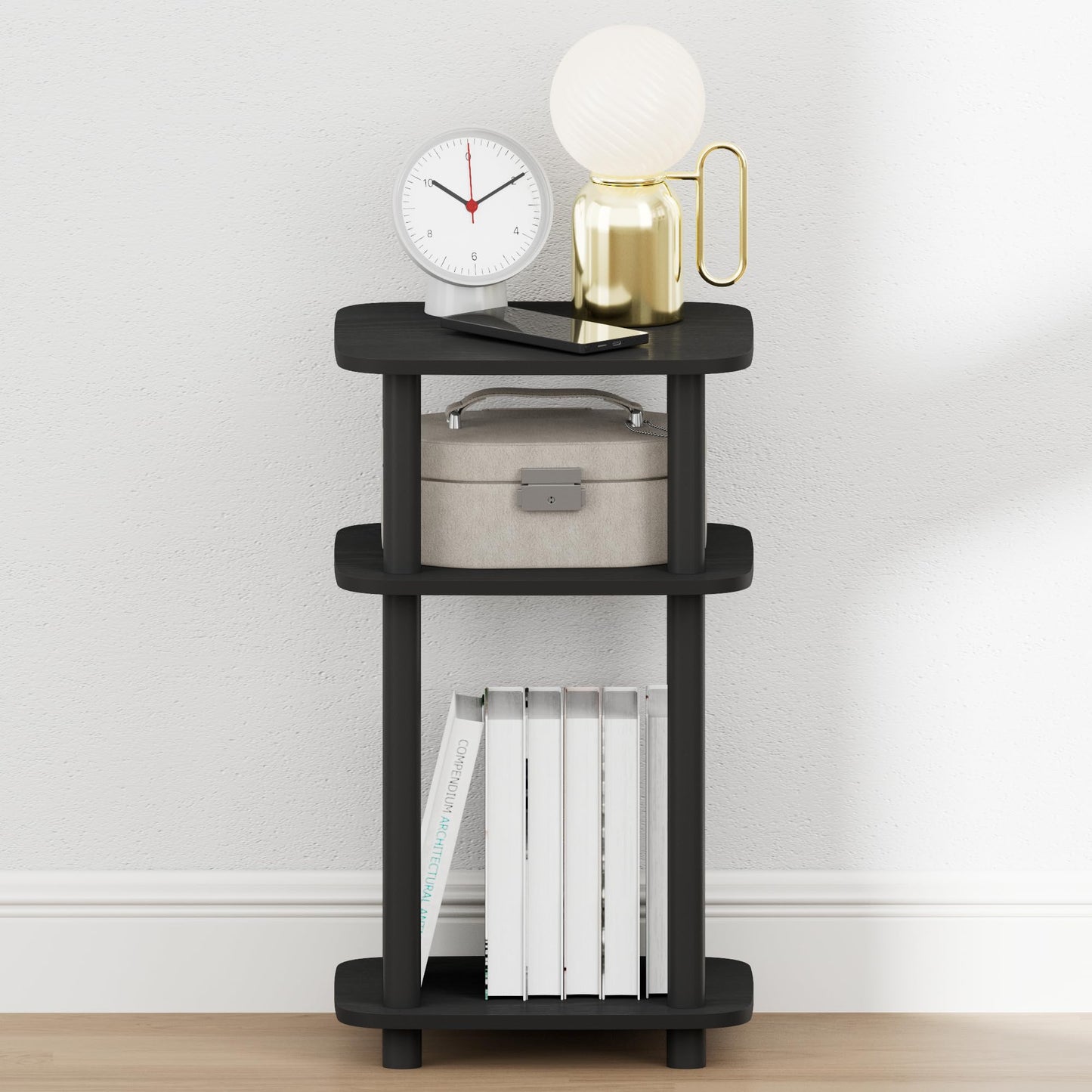 Furinno JUST Night Stand, 3-Tier Turn-N-Tube Nightstand with Open Shelf, Round Curve Corner Side Table, End Table, Easy Assembly, for Living Room, Bedroom, Americano