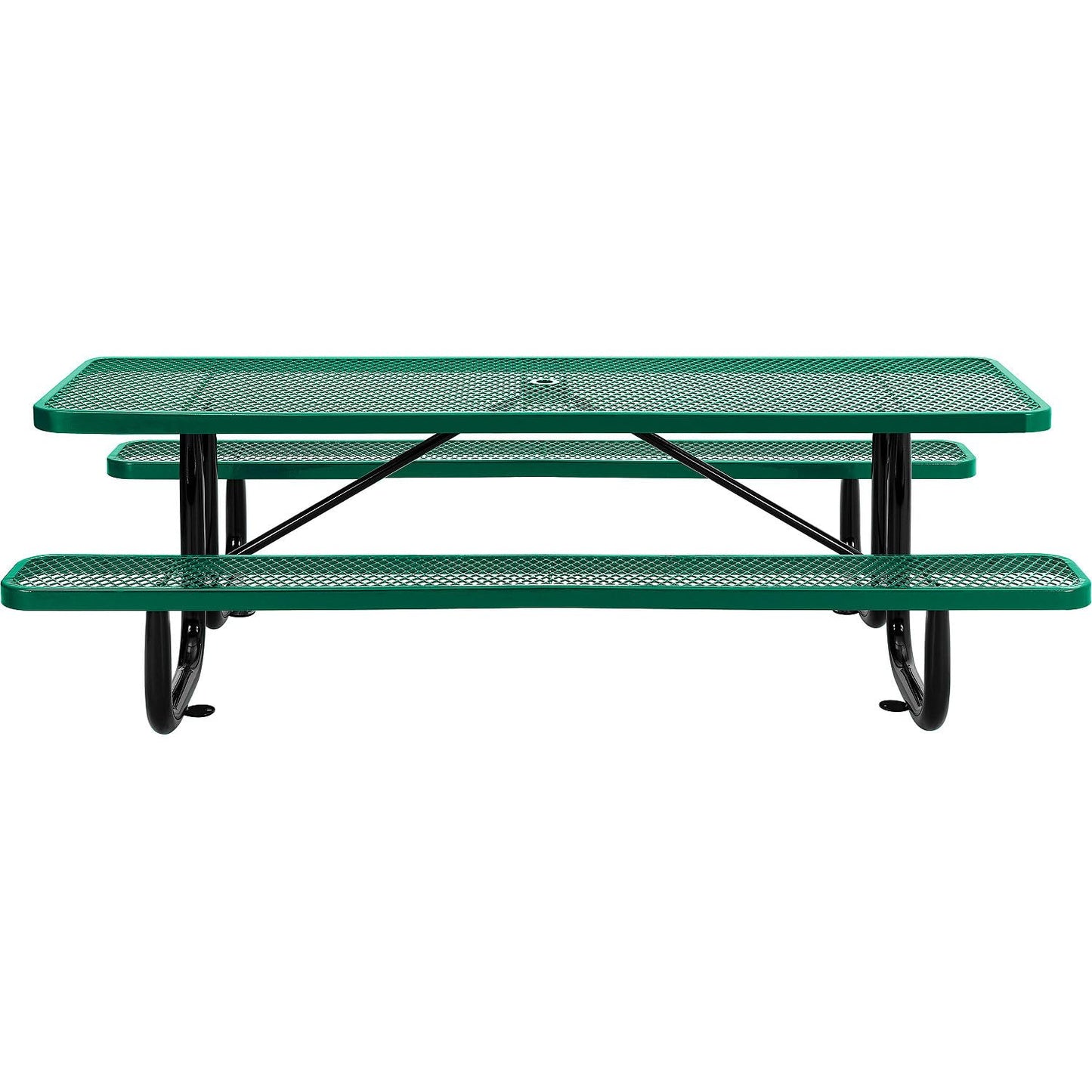 Global Industrial 8’L Rectangular Picnic Table, Expanded Metal, Green Thermoplastic Coating, Attached Benches, 1-1/2” Umbrella Pole Hole, Outdoor-Rated, 1000 lb Capacity, 96” x 30” Tabletop