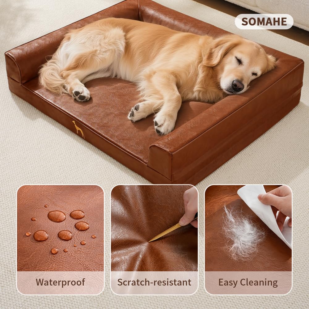 SOMAHE Leather Dog Bed Couch, Orthopedic Waterproof, 35"x28", Brown