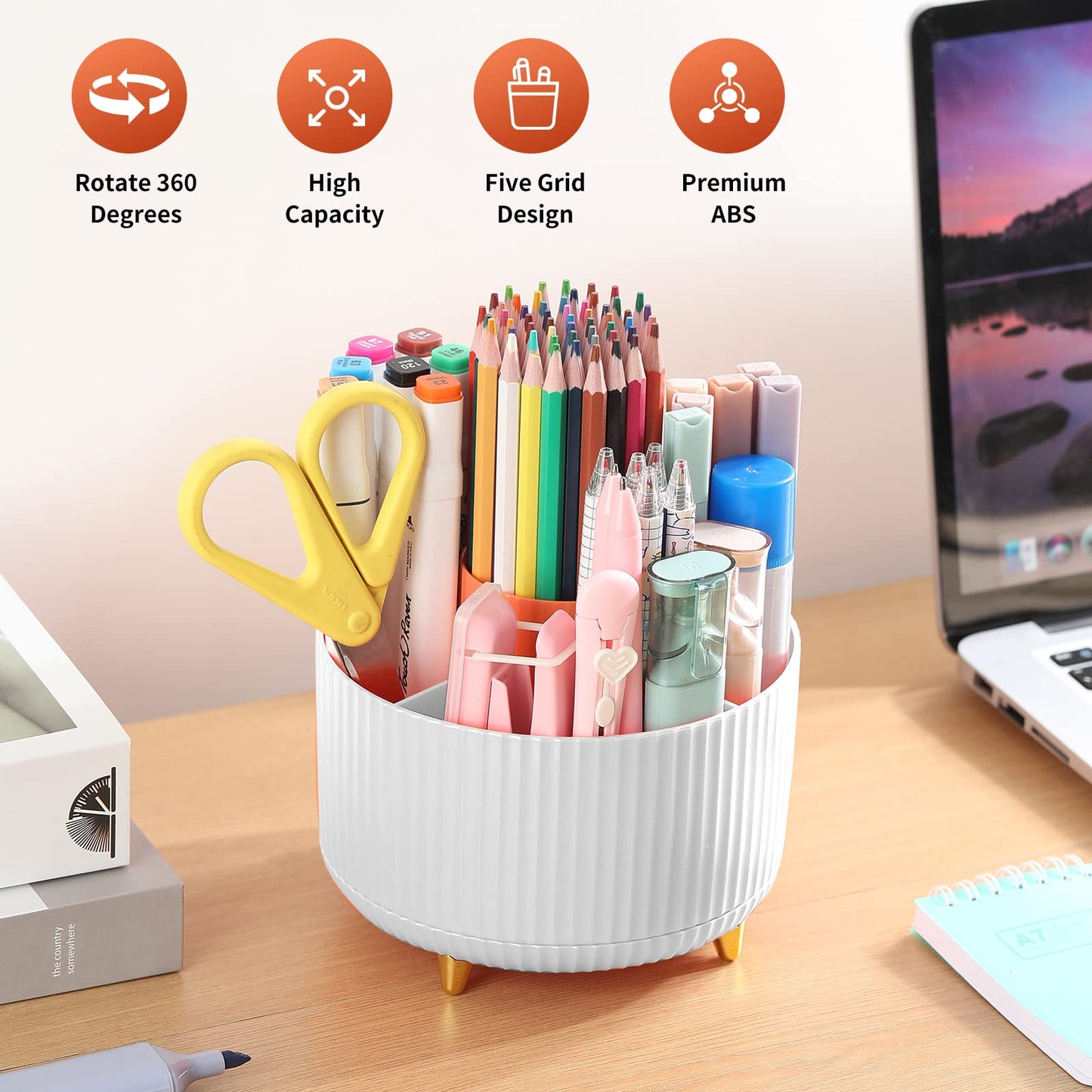 EDENMS Desk Pencil Pen Holder, 5 Slots 360°Degree Rotating Pen Organizers for Desk, Desktop Storage Stationery Supplies Organizer, Cute Pencil Cup Pot for Office, School, Home, Art Supply, White