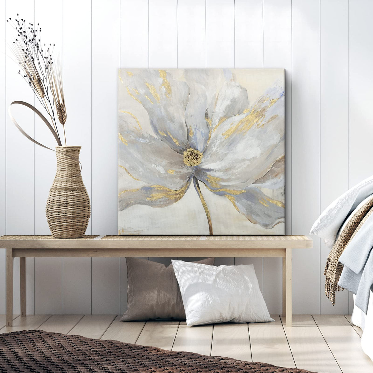 Goldfoilart Floral Wall Art Gold Flower Canvas Pictures with Foil Embellishment Painting Grey Print Framed Artwork for Bedroom Bathroom Living Room Office Wall Decor 24" x 24"