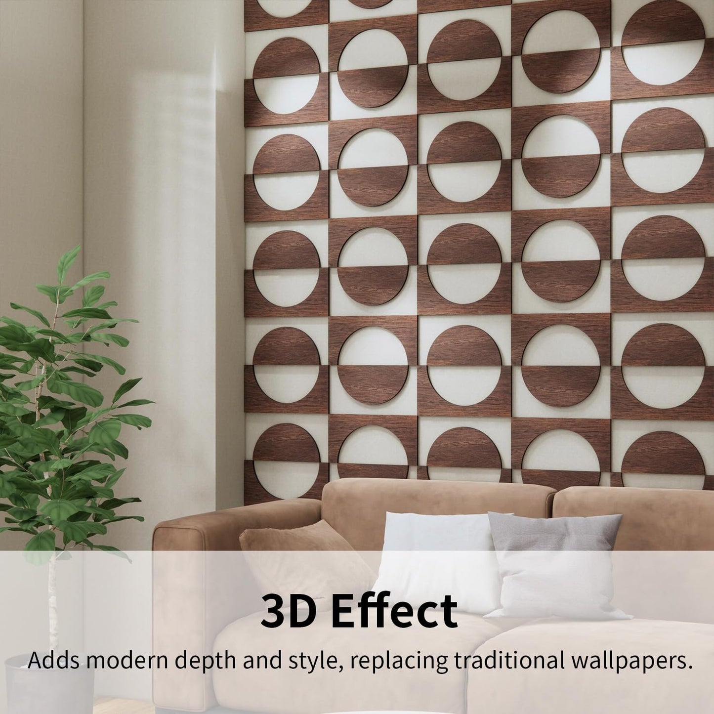 MidModArt 12PCS PVC Modular Decorative Fretwork Wall Panels for Living Room Lobby Bedroom, Half Circle-Walnut Faux Walnut Wood Texture