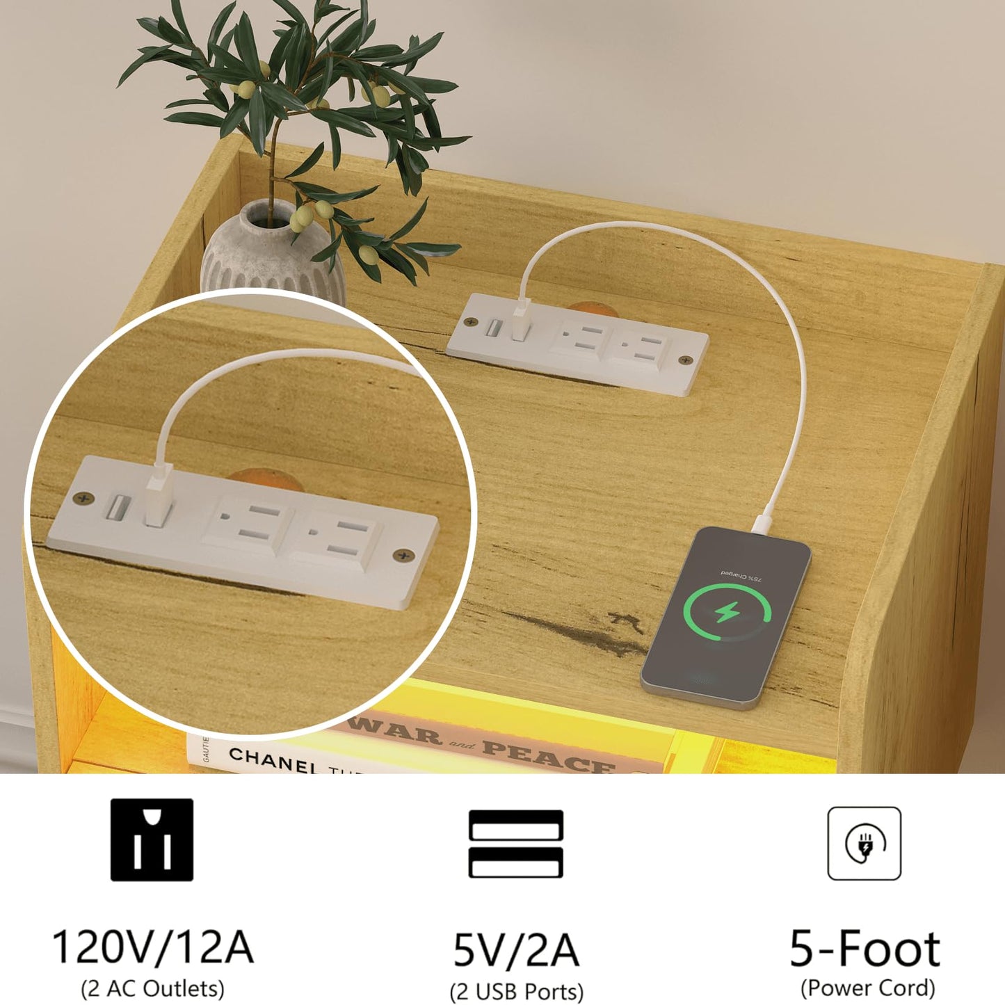 Veegle Floating Nightstand with Charging Station and LED Lights (Yellow Oak)