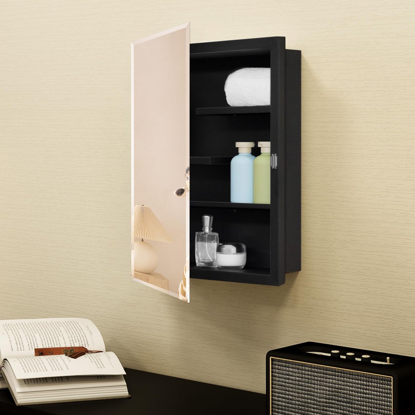 Fundin Black Medicine Cabinet with 16 x 20 Beveled Mirror & Adjustable Staggered Shelves, Recessed or Surface Mount Bathroom Medicine Cabinet