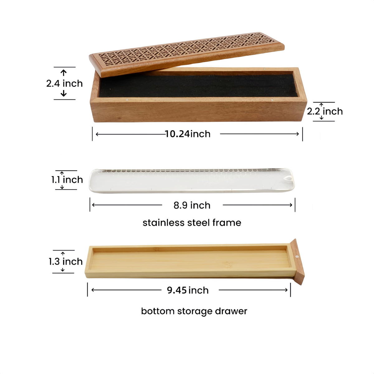 Moocervi Incense Holder Burner,Coffin Incense Storage Box Holder for Sticks, Wooden Incense-Stick Holder & Ash Catcher for Meditation/Yoga Room/Bedroom/studyroom/Office (Incense Holder with Storage)