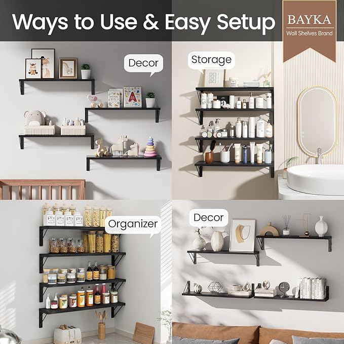 BAYKA Wall Mounted Floating Shelves, Wood Floating Wall Shelf