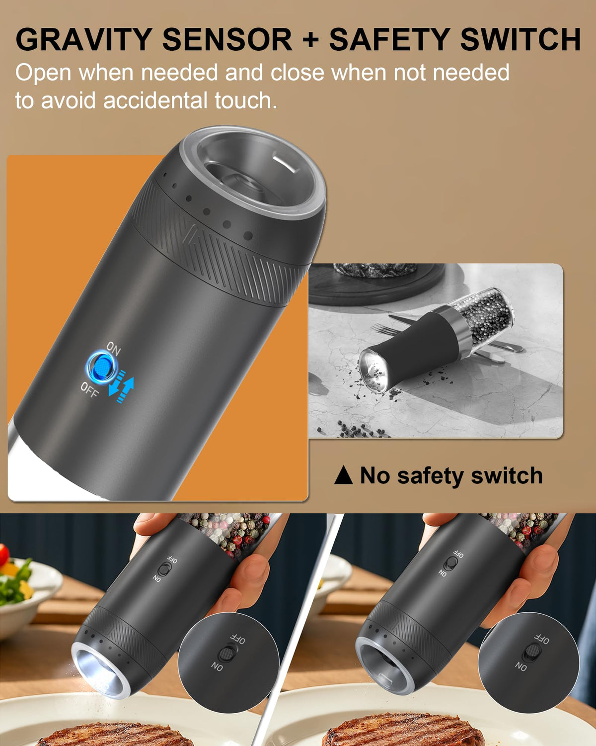Soenglyun Gravity Salt and Pepper Grinder Set with Charging Base, Automatic Salt Grinder Electric with LED Light & 6 Adjustable Coarseness, One-Handed Operation and 176ml Capacity, Black