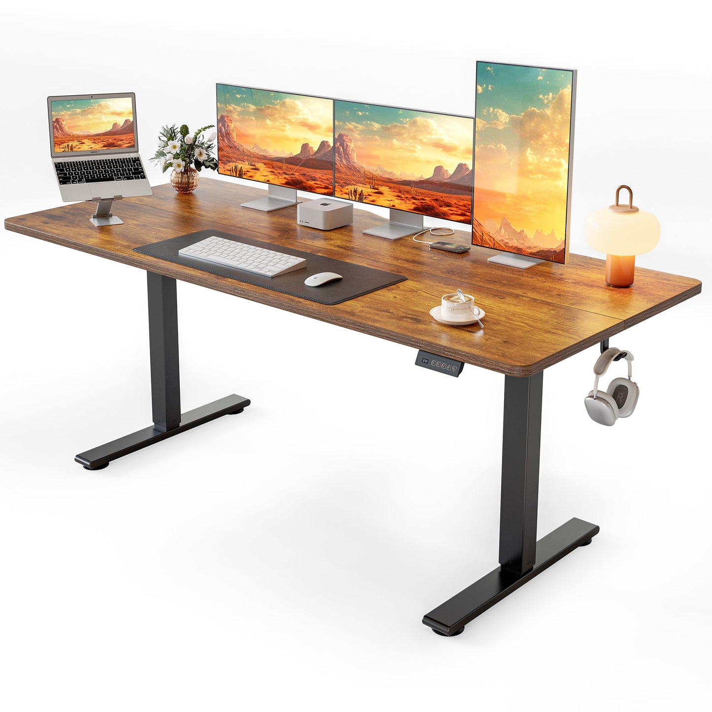 Cubiker Standing Desk, 63x28 Inches Sit Stand Home Office Desk, Electric Stand up Desk, Adjustable Desk with Splice Board, Black Frame/Rustic Brown Top