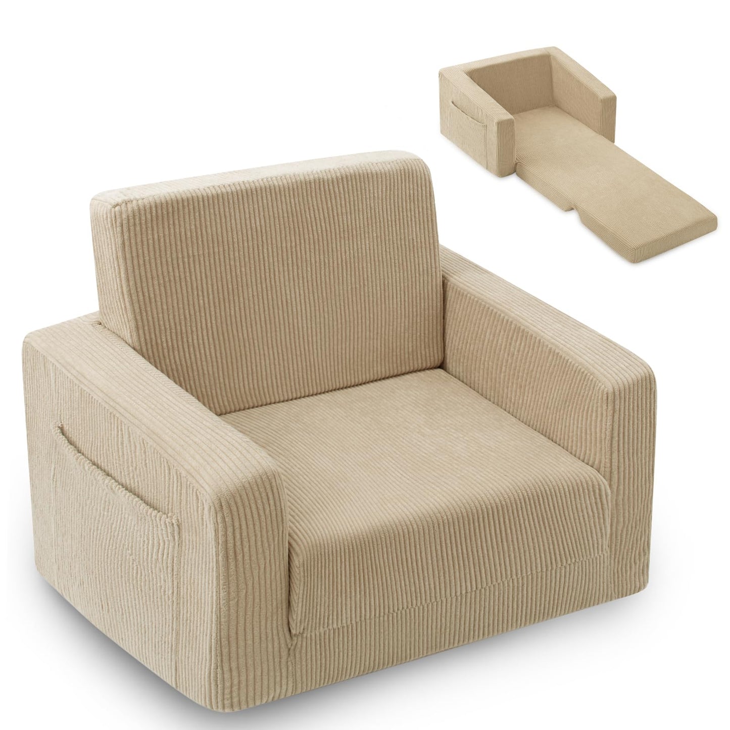 Jouha Kids Chair and Couch, 2-in-1 Fold-Out Kids Sofa, Soft Convertible Seating, Comfy Kids Chair for Boys and Girls,Beige