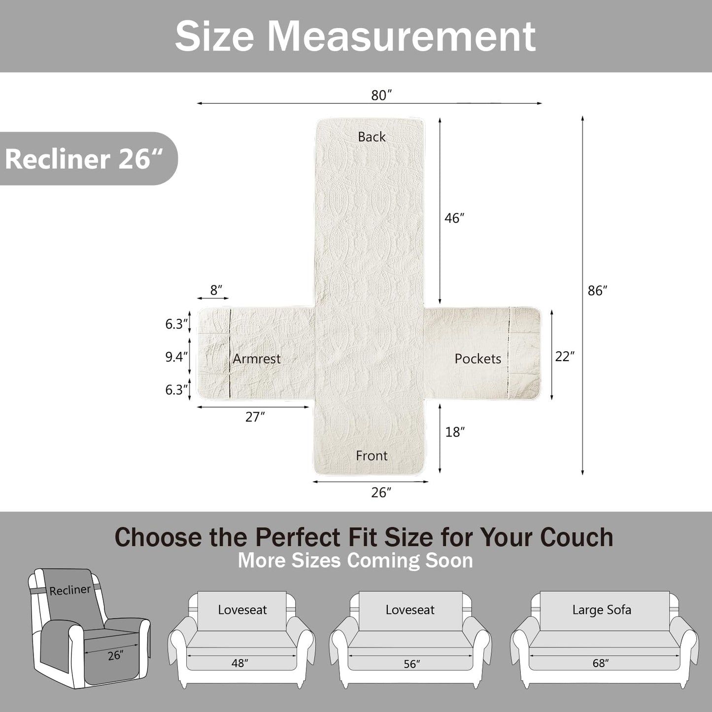 Pamhaven Ivory Recliner Chair Covers, Quilted Décor Water-Repellent Medium Lazy Boy Chair Covers, Pet Friendly Recliner Cover for Dogs Cats, Washable Couch Cover (Recliner 26", Ivory White)