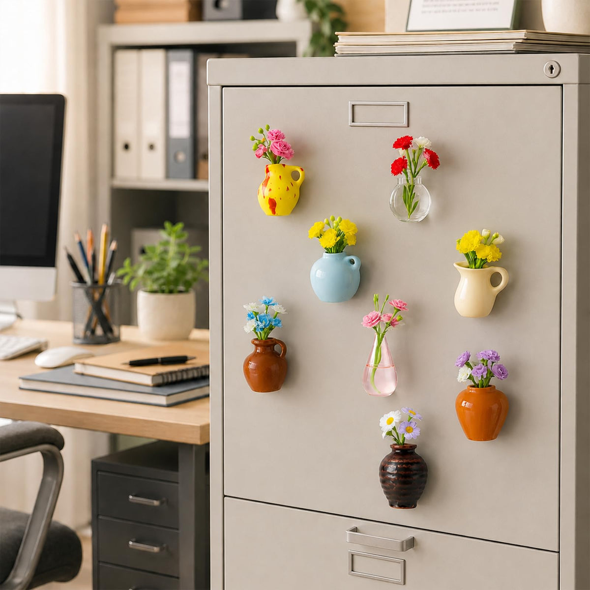 Mini Vase Magnets for Fridge - 8-Pack Cute Ceramic Pots with Artificial Flowers, Decor for Home,Office, White Board, Kitchen