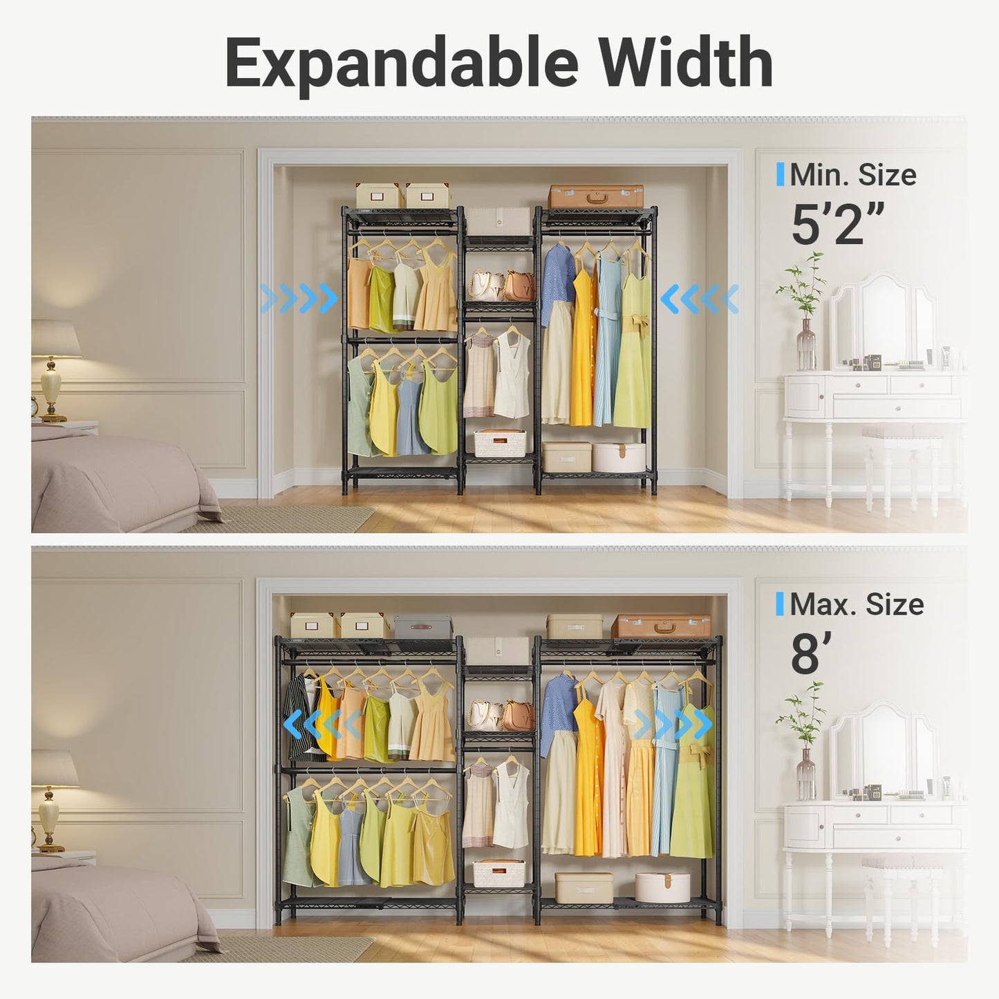 VIPEK Classic V6X Dynamic Closet System, Expandable Freestanding Clothes Rack with Shelves & Hanging Rods, Adjustable Width 62"-96", Modular Metal Clothing Rack Organizer for Reach-in Closet