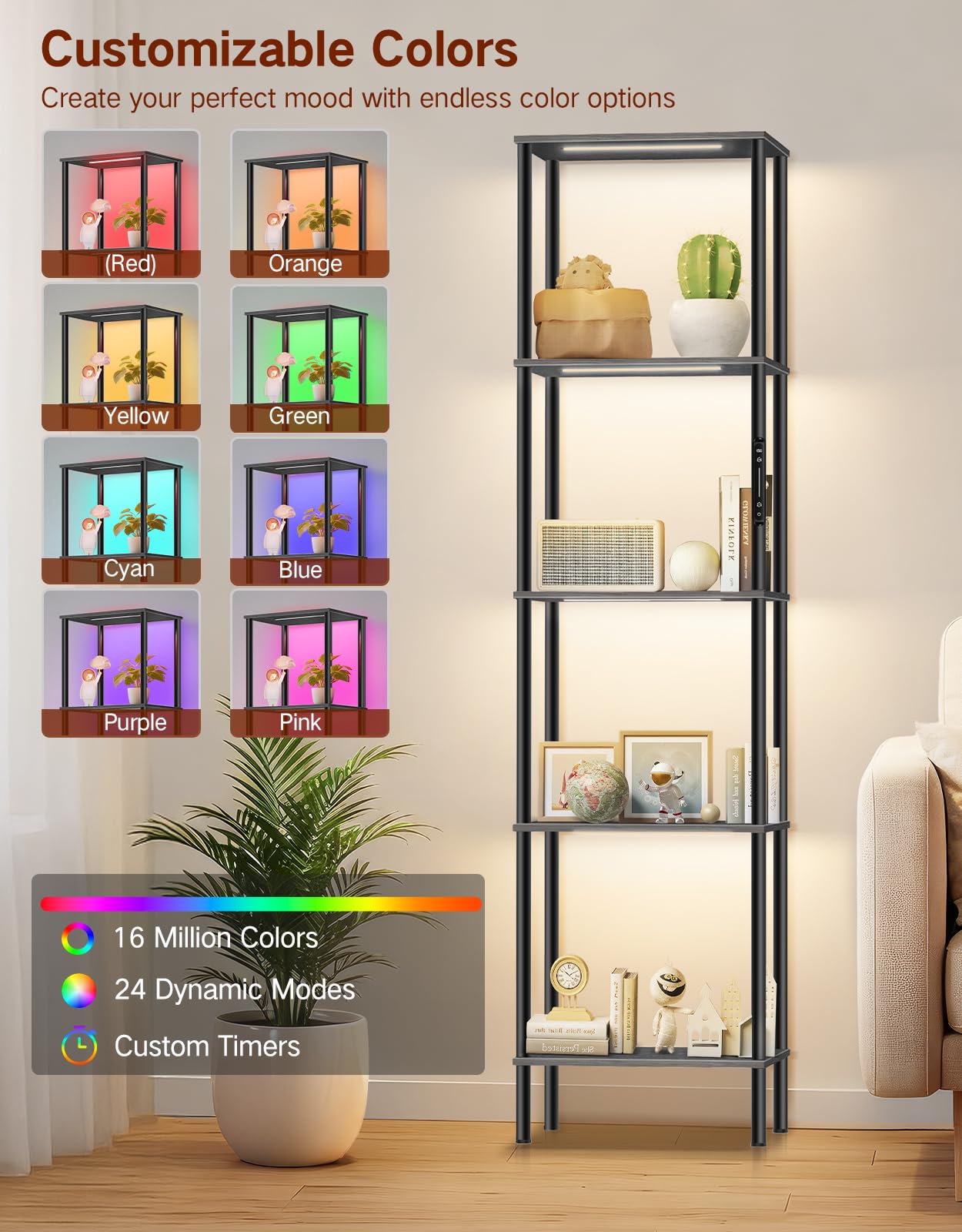 OUTONLIFE 5 Tier Display Shelves with RGB Lights, Display Cabinet with Touch & APP & Remote Control, Dimmable Bookshelf with Music Sync, Adjustable Color Lighting for Living Room, Bedroom(Black)