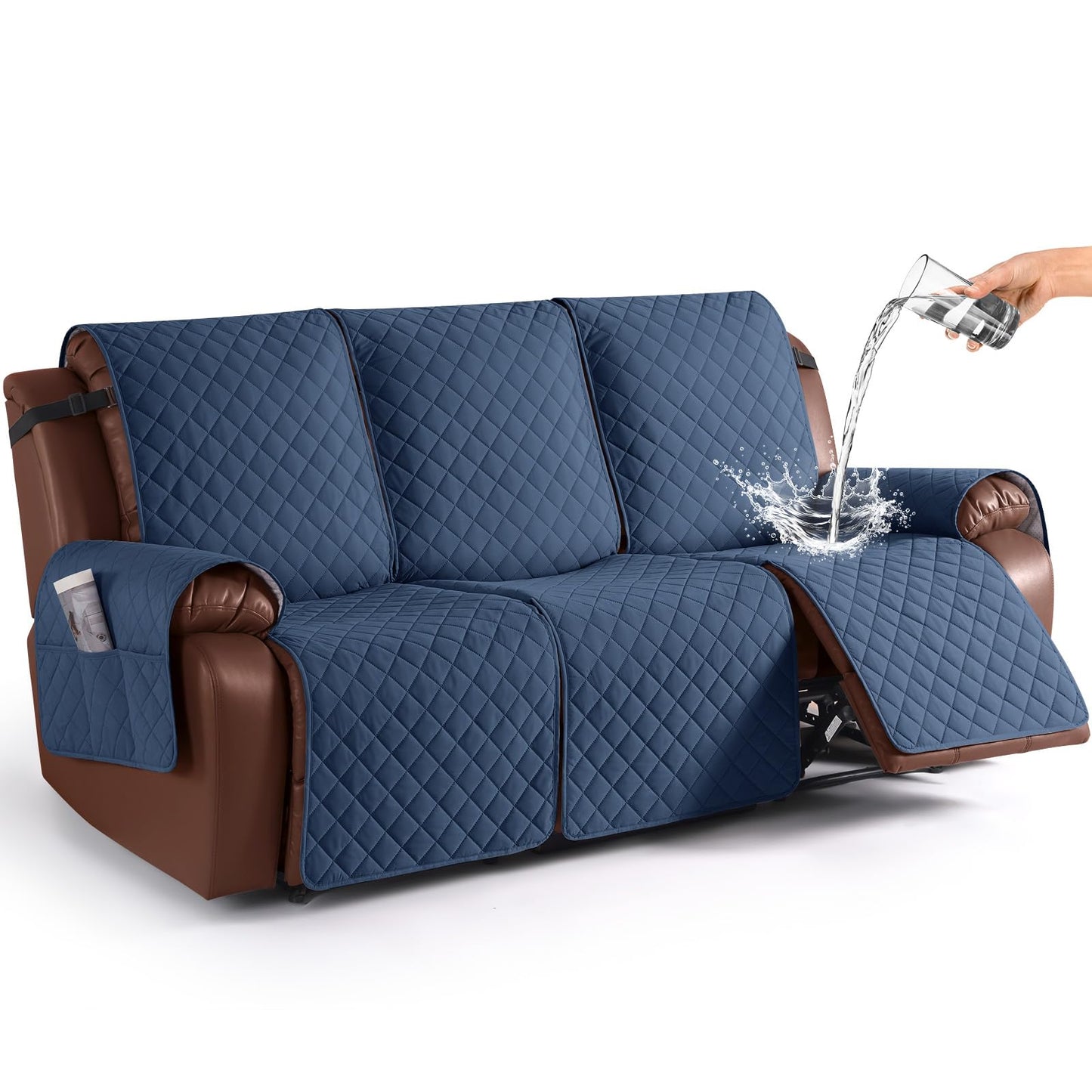 KinCam Waterproof Recliner Sofa Cover, Non-Slip Reclining Couch Covers for 3 Seat, Recliner Couch Cover Furniture Protector with Elastic Straps for Pets, Kids, Blue