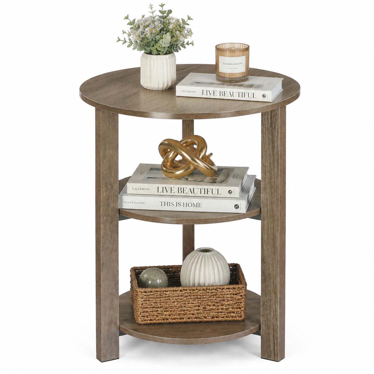 ZEXVIDA Farmhouse 3-Tier Round Side Table, 17.7 * 21.7 Inch Small End Table for Living Room, Wooden Bedside Table Nightstand with Open Storage, Industrial Accent Table for Small Spaces,Oak