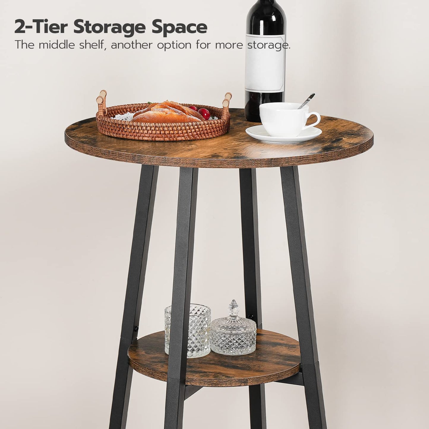 HOOBRO 3 Pieces Round Bar Height Table and Chairs Set, Round Dining Table Set, Pub Table and Chairs for Small Space, 2 Tier Kitchen Table and Bar Stools with Back, Rustic Brown BF35BT01