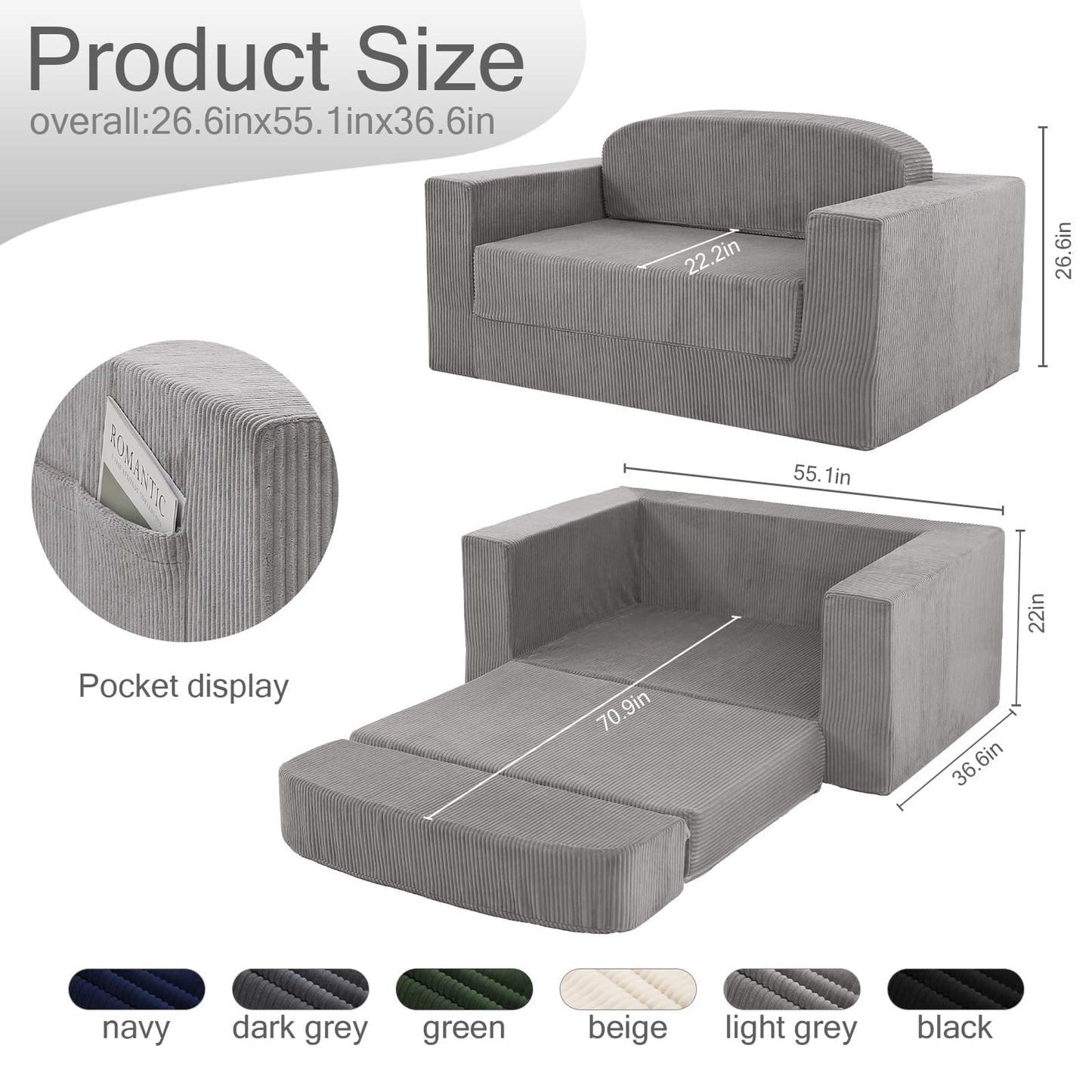 MeMoreCool Convertible Sofa Bed, Pull Out Loveseat Sleeper Sofa, Small Boneless Cloud Couch Bed for Adults, Fold Out Foam Love Seat, Corduroy Folding Floor Couch for Bedroom, Light Grey