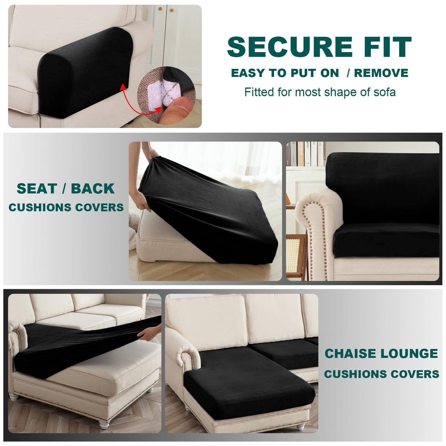 10 Pieces Sofa Cushion Covers for U-Shaped Modular Sectional Couch with 4 Seat+4 Back+2 Arms, Stretch Velvet Upholstered Covers for Sofa Bed with Deep Double Chaise (Black,Universal (10 Pieces))
