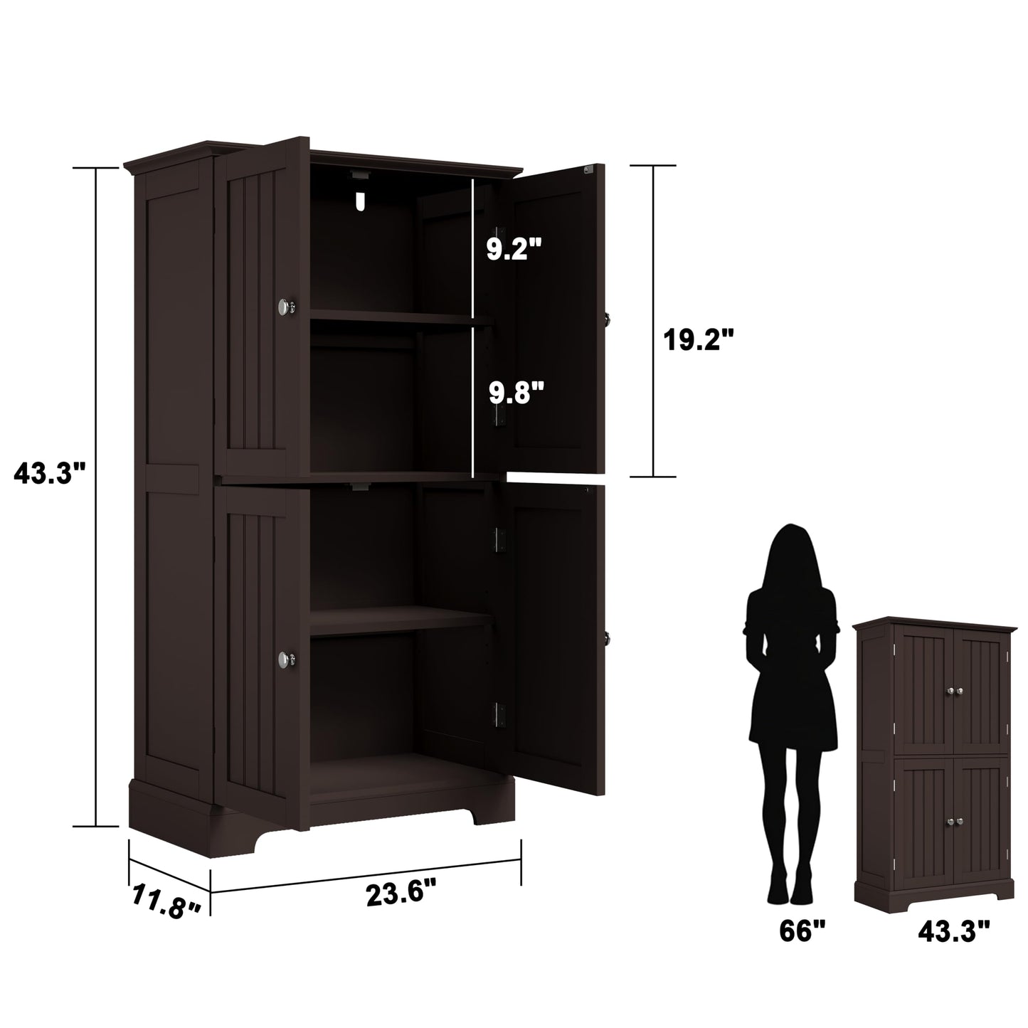 ChooChoo Bathroom Floor Cabinet, Modern Bathroom Storage Cabinet with 4 Doors and Adjustable Shelves, Freestanding Cupboard for Living Room, Espresso