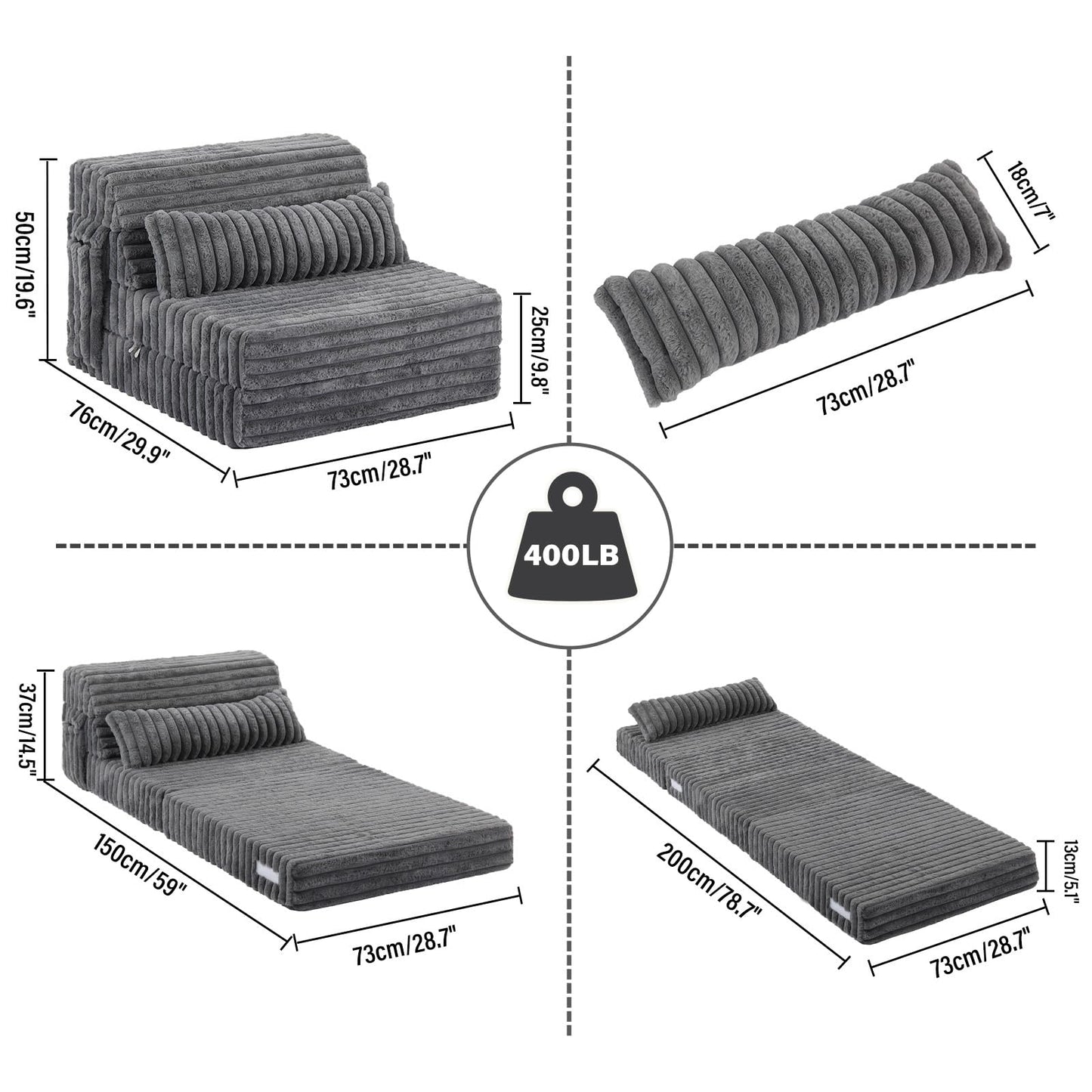 Tiita Folding Sofa Bed Convertible Sleeper Chair Mattress with Pillow & Side Pocket, Thick Corduroy Floor Mattress Couch Bed, Single Size, Grey