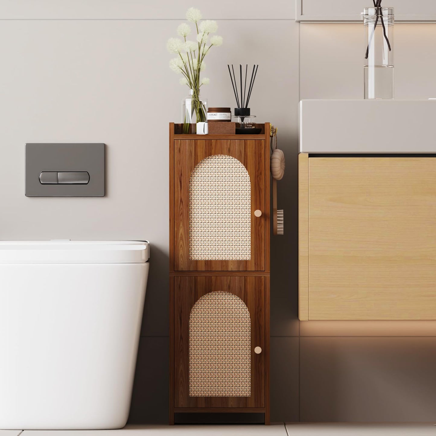 Rattan Bathroom Storage Cabinet,Corner Floor Cabinet with 2 Doors and Adjustable Shelf, Narrow Toilet Paper Cabinets with 2Hooks,Toilet Organizer for Small Spaces,7.87"D*9.84"W*29.72"H （Brown）