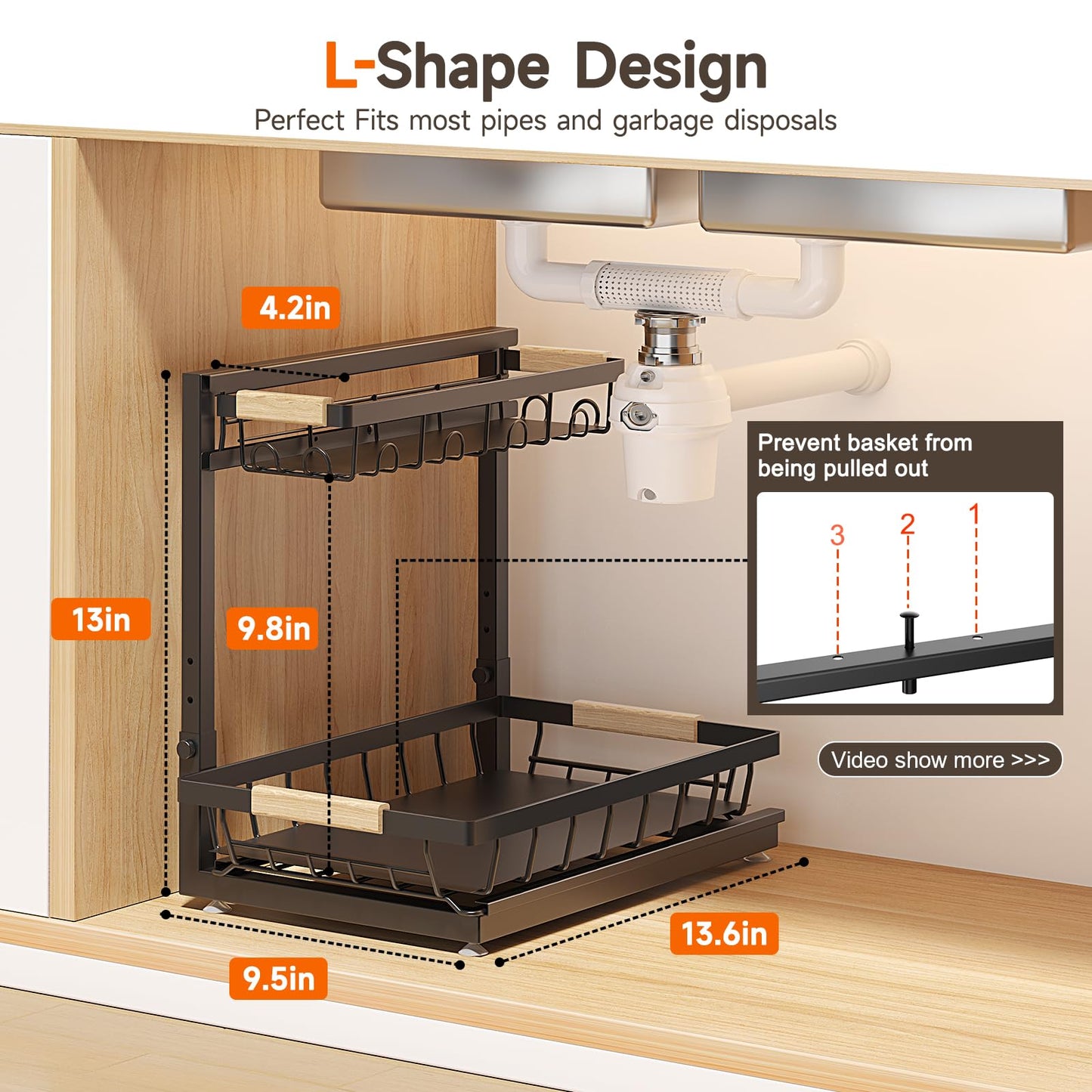 Sevenblue 2 Packs Under Sink Organizer, Height Adjustable 2 Tier Under Kitchen Sink Organizer, Multi-Purpose Storage Shelf for Kitchen Bathroom Cabinet (Brown, Large)