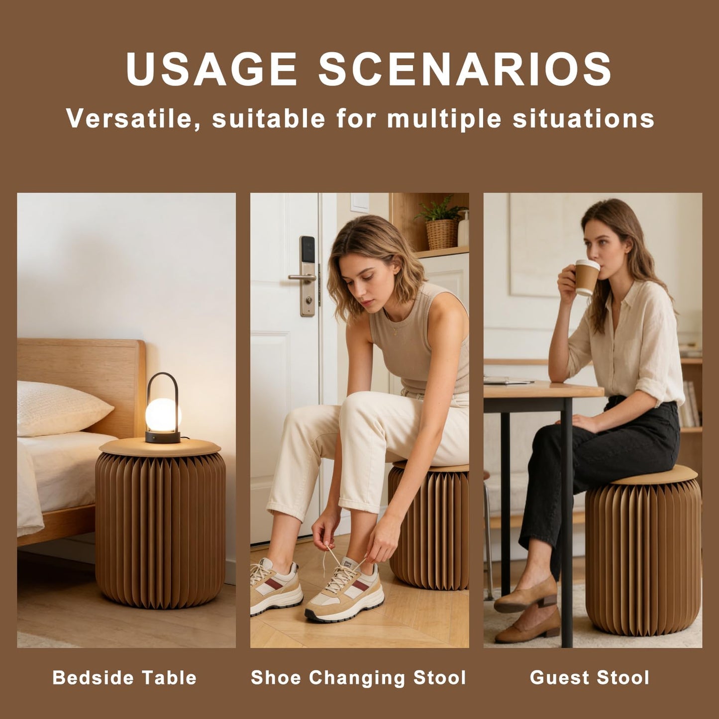 HSBWOPG Foldable Stool — Paper Foldable Stool,Folding Paper Stool,(Book-Sized) ，15 Inches High ，Made from Eco-Friendly Kraft Paper ， Ideal for Home & Travel ， Supports Up to 660 lbs ， Brown