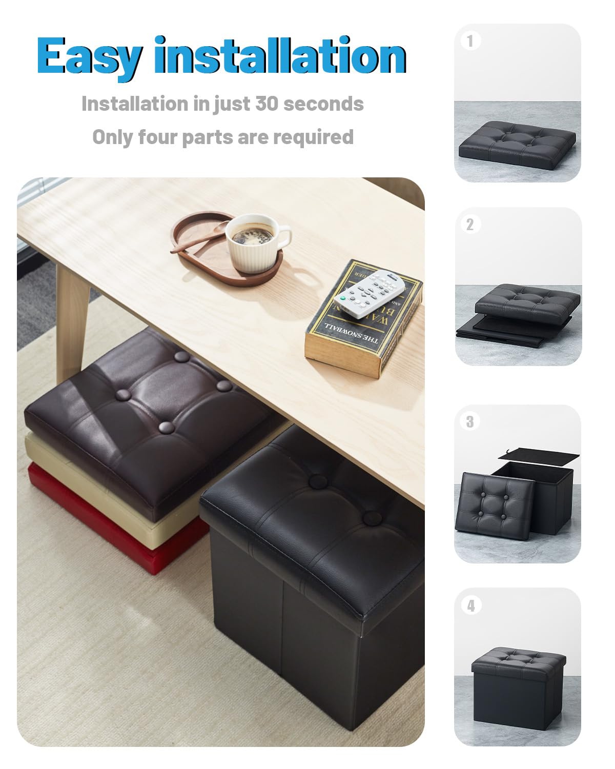 AmasSmile Storage Ottoman Folding Foot Rest Stool, Leather Footstool Bench, Short Ottoman Stool, Storage Foot Rest Store, Books (Black-2pc, 17" D x 13" W x 13" H)