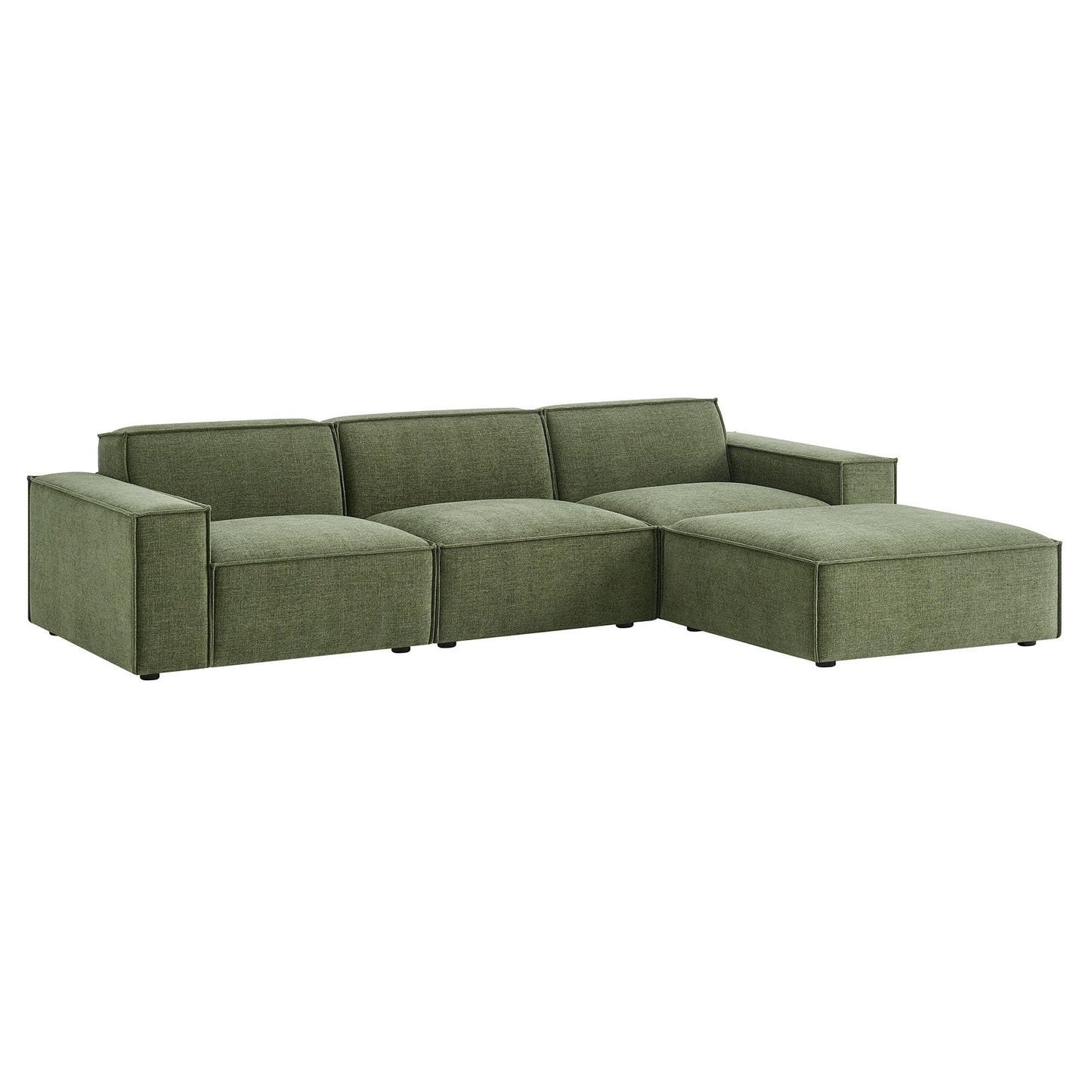 Modway Restore Performance Fabric Upholstered 4-Piece Modular Sofa Set with Ottoman in Foliage - Low Profile Sectional Sofa with Coil Seat Support and French Piping