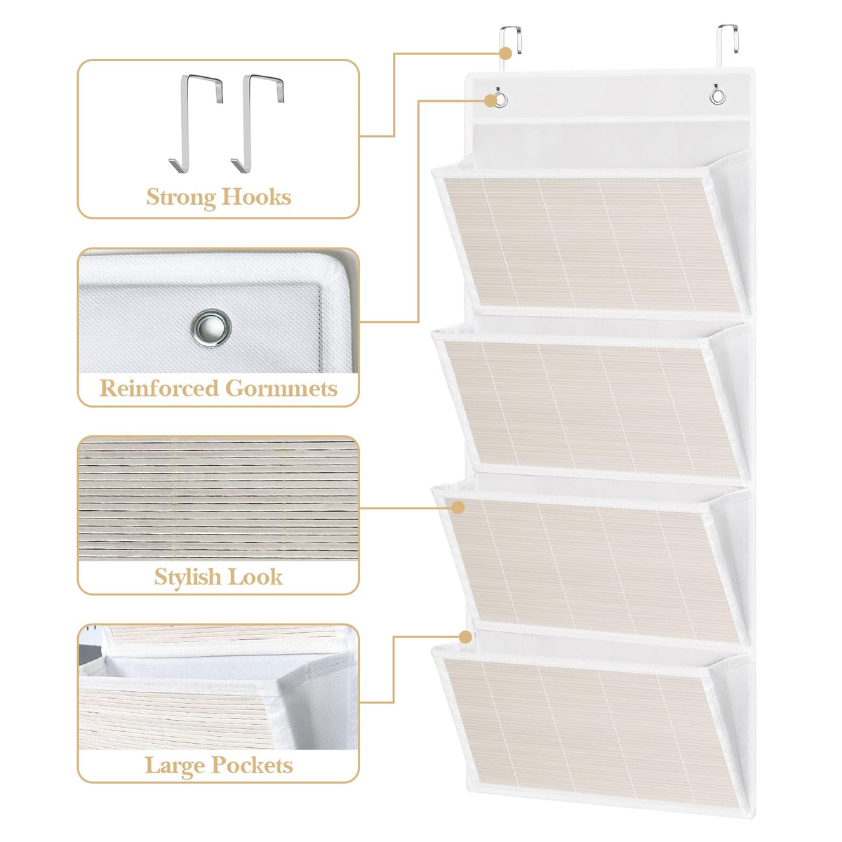 homyfort hanging wall file organizer, Over the door file folder organizer with 4 Large Bamboo Pockets, Suitable for Home, Office, Back to School Supplies Storage and Organization (White)