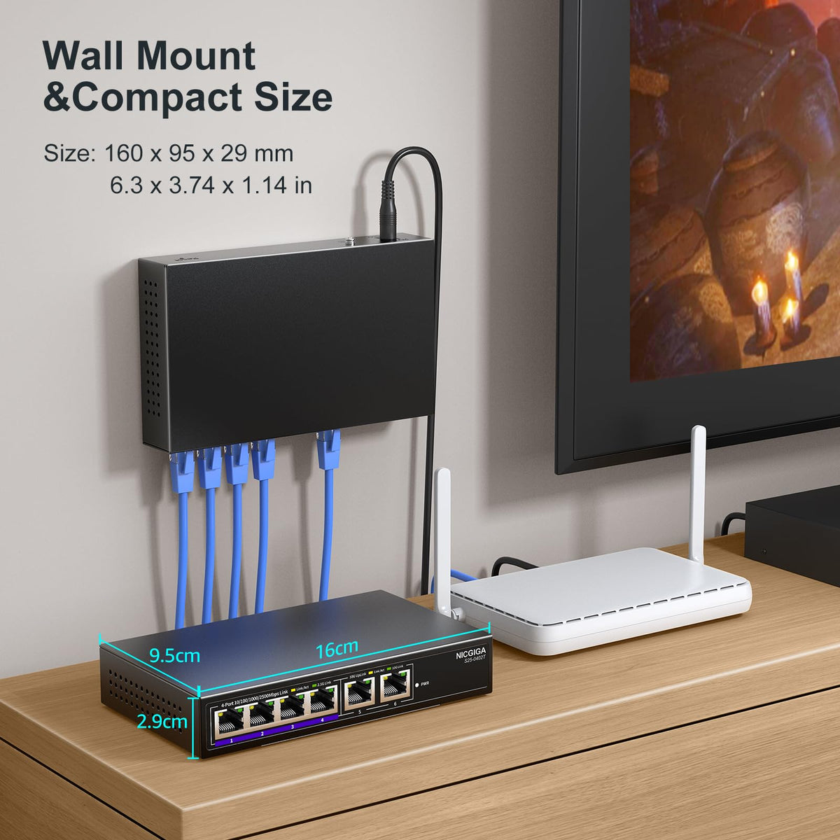 10Gbe Ethernet Switch Unmanaged with 2 x 10Gb RJ45 Ports ➕ 4 x 2.5Gb Base-T Ports, Desktop/Wall Mount NICGIGA 6 Port 10Gbps Network Switch for Wireless AP, NAS, PC