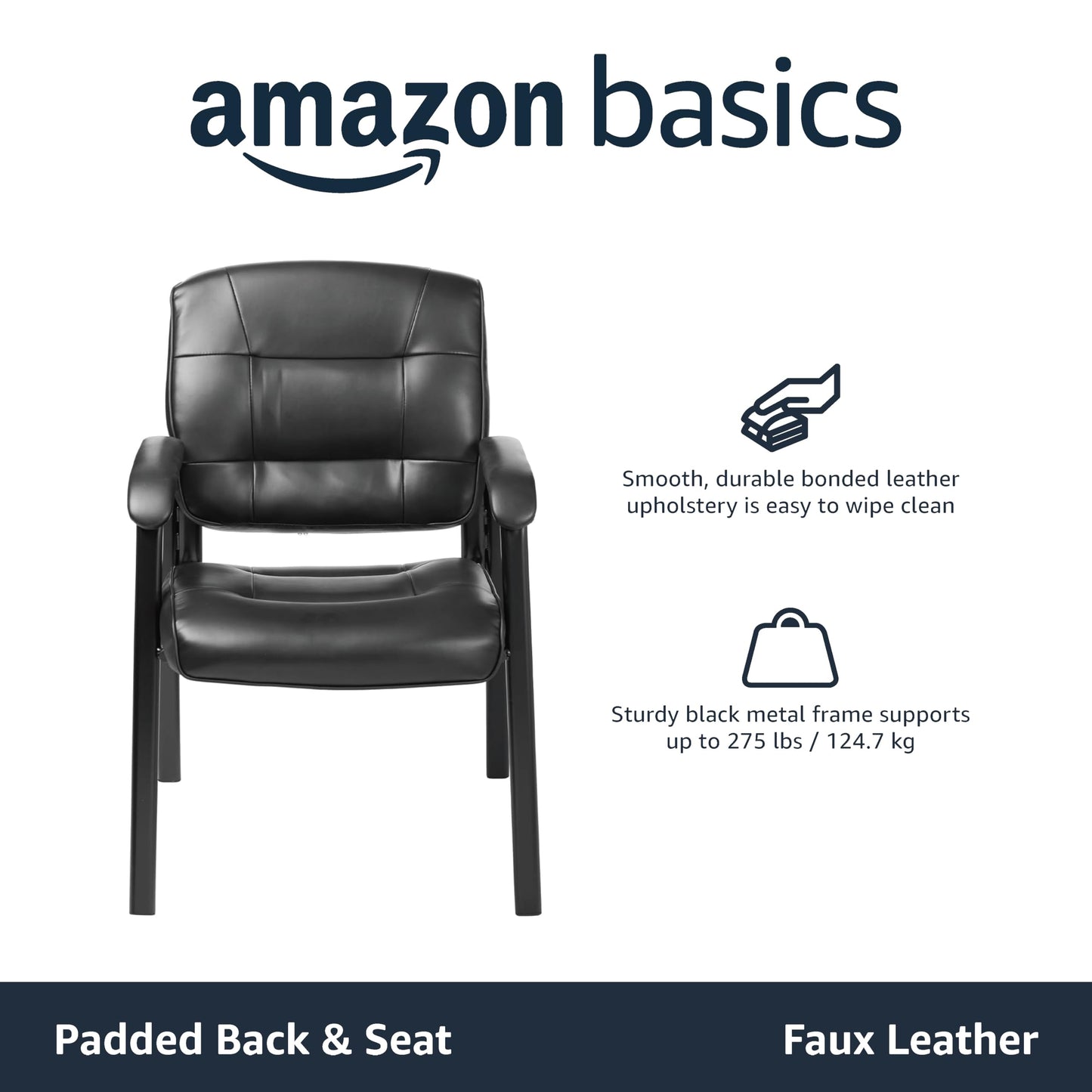 Amazon Basics Classic Faux Leather Office Desk Chair with Armrests, Metal Frame, Black, 27.4D x 23.6W x 35.8H in