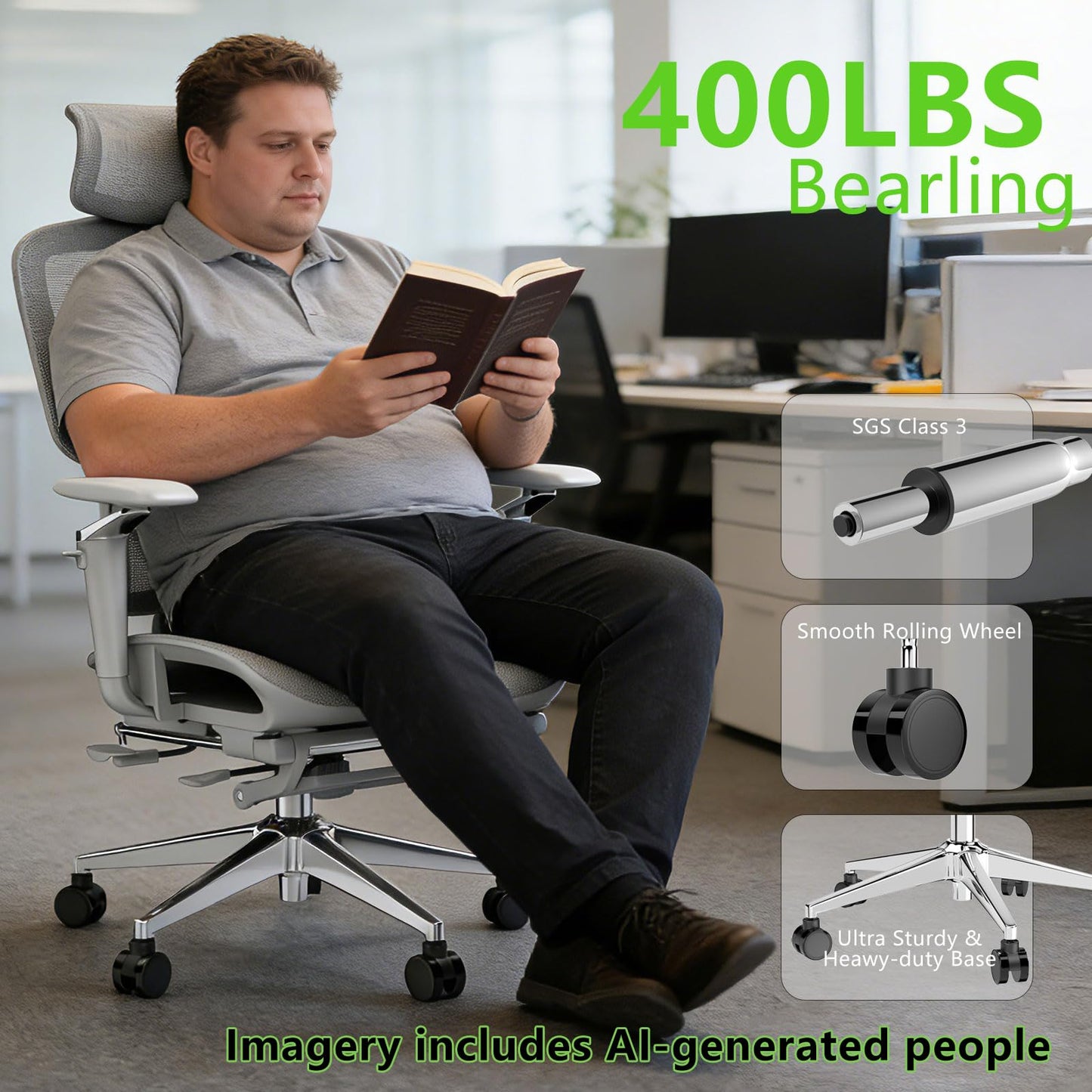 Forzolit Ergonomic Office Chair with Footrest,High Back Mesh Desk Chair,Lumbar Support & 90-135°Recline,3D Headrest & 6D Armrests,Swivel Computer Chair for Home Office, Work & Gaming 1Pack