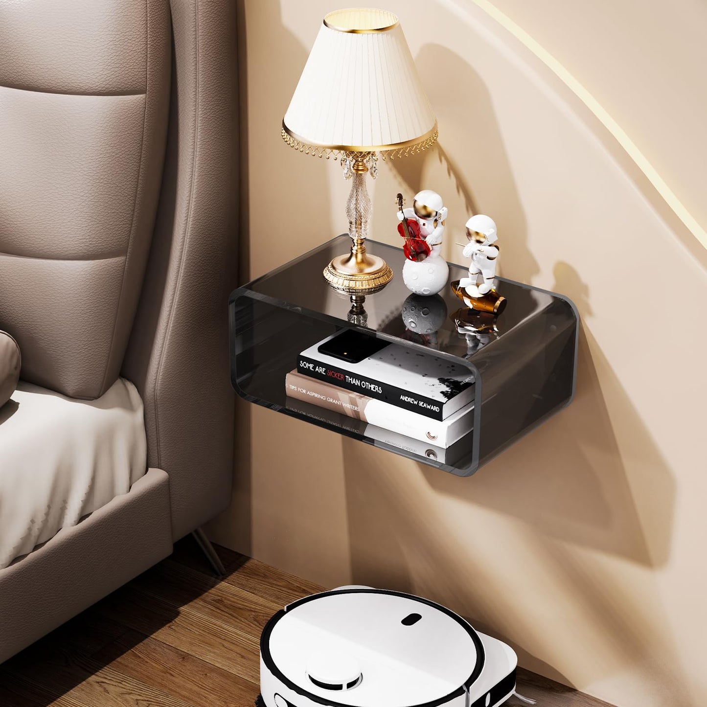 Acrylic Floating Nightstand, Bedside Table, Nightstand Shelf Wall Mounted Bedside Shelf (Black, Small)