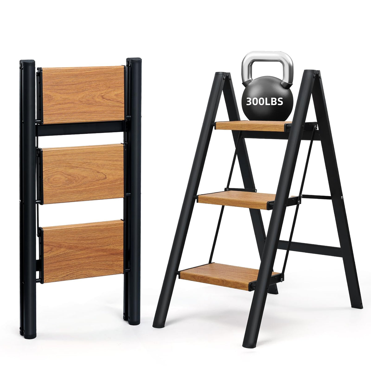 SOLADDER 3 Step Ladder, Anti-Slip and Lightweight Foldable Step Stool for Adults & Kids to Use in Kitchen, Closet and Library, 300lbs(Black&Woodgrain)