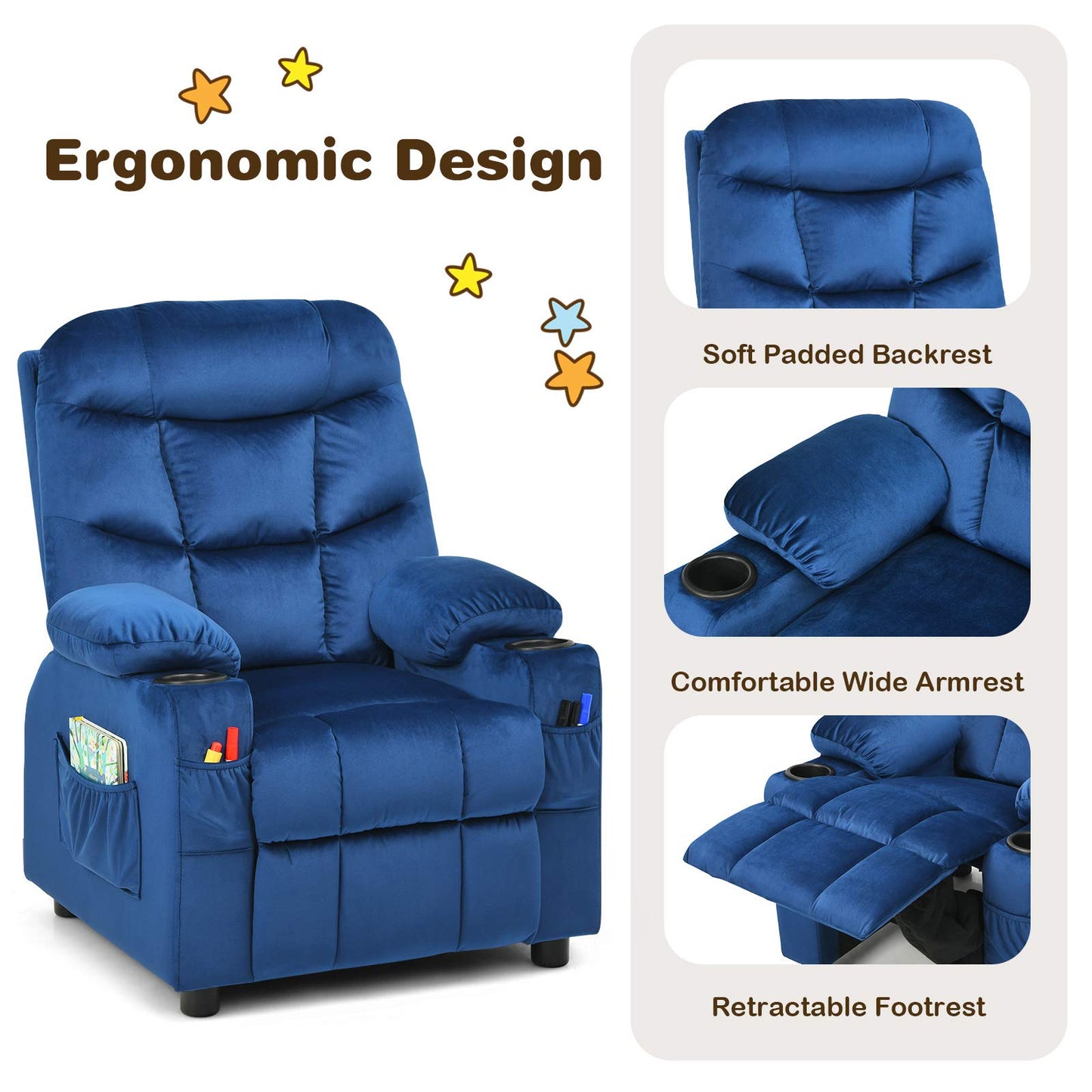 Costzon Kids Recliner Chair with Cup Holder, Adjustable Velvet Lounge Chair w/Footrest & Side Pockets for Children Boys Girls Room, Ergonomic Toddler Furniture Sofa Gifts, Kids Recliner (Blue)
