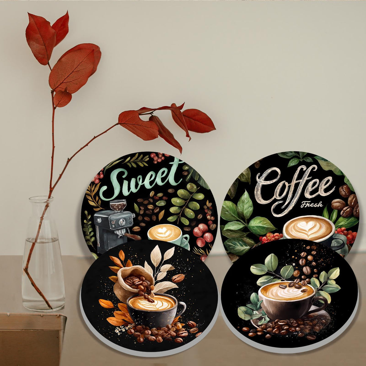 Tucocoo Coffee Stove Burner Covers Sweet Home Metal Stove Burner Cover,Set of 4,Coffee Beans Dining Room Gas Stove Burner Covers Cartoon Pattern Round Burner Cover Cooktop Decorations