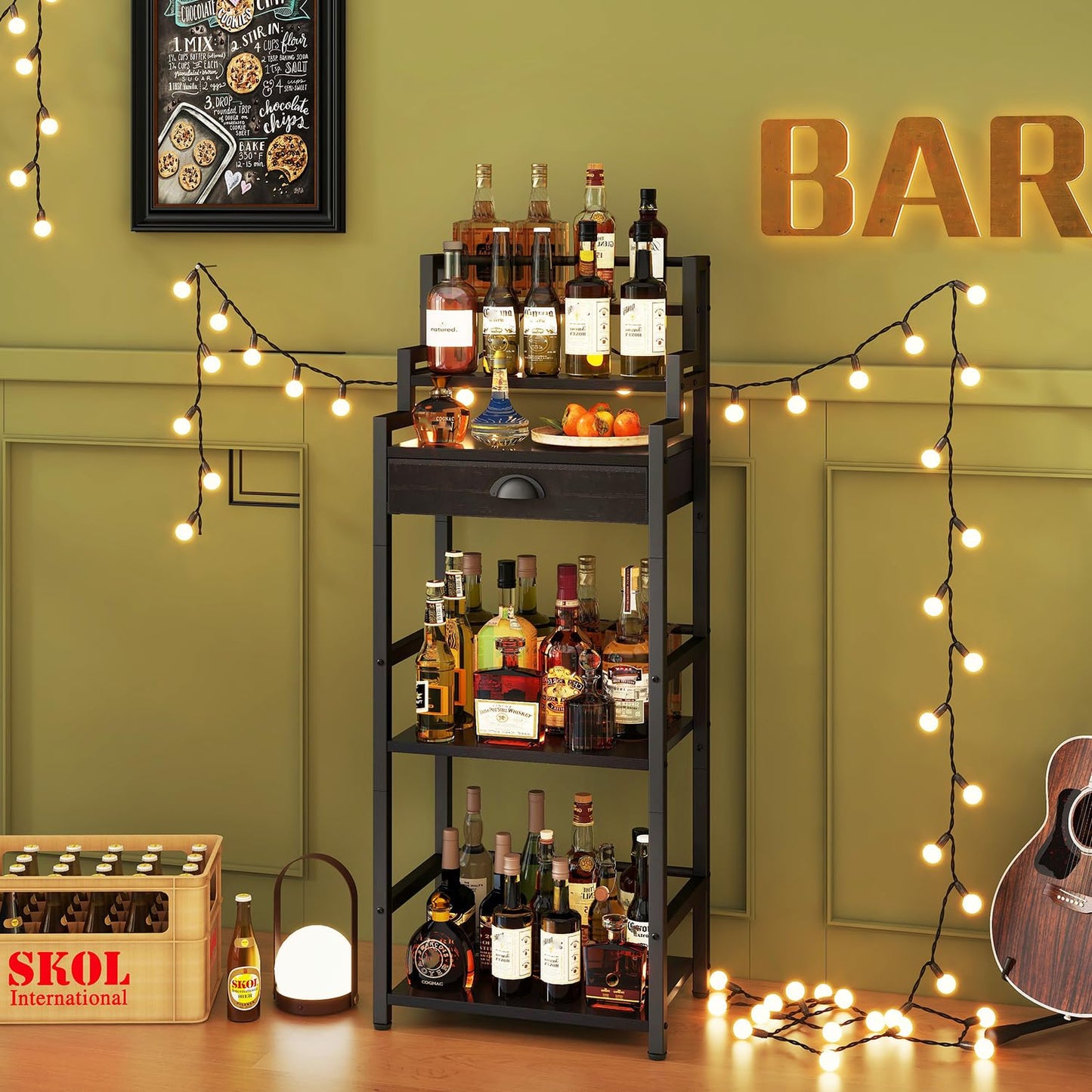 IBUYKE Stepped Wine Rack Freestanding Floor,Bar Cabinet with Drawer and Display Shelf for Whiskey,Corner Liquor Bottle Display Cabinet for Home,Living Room,Dining,Black UTMJ915B