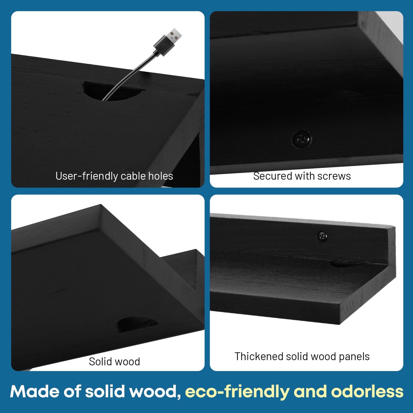 FURAOMEILI Small Floating Shelf for Wall,9X5 Inch Wall Mounted Shelf with Cord Hole,Small Display Shelves for Cameras, Webcam, Router,Smart Speaker,Action Figures-2 Pcs(Black